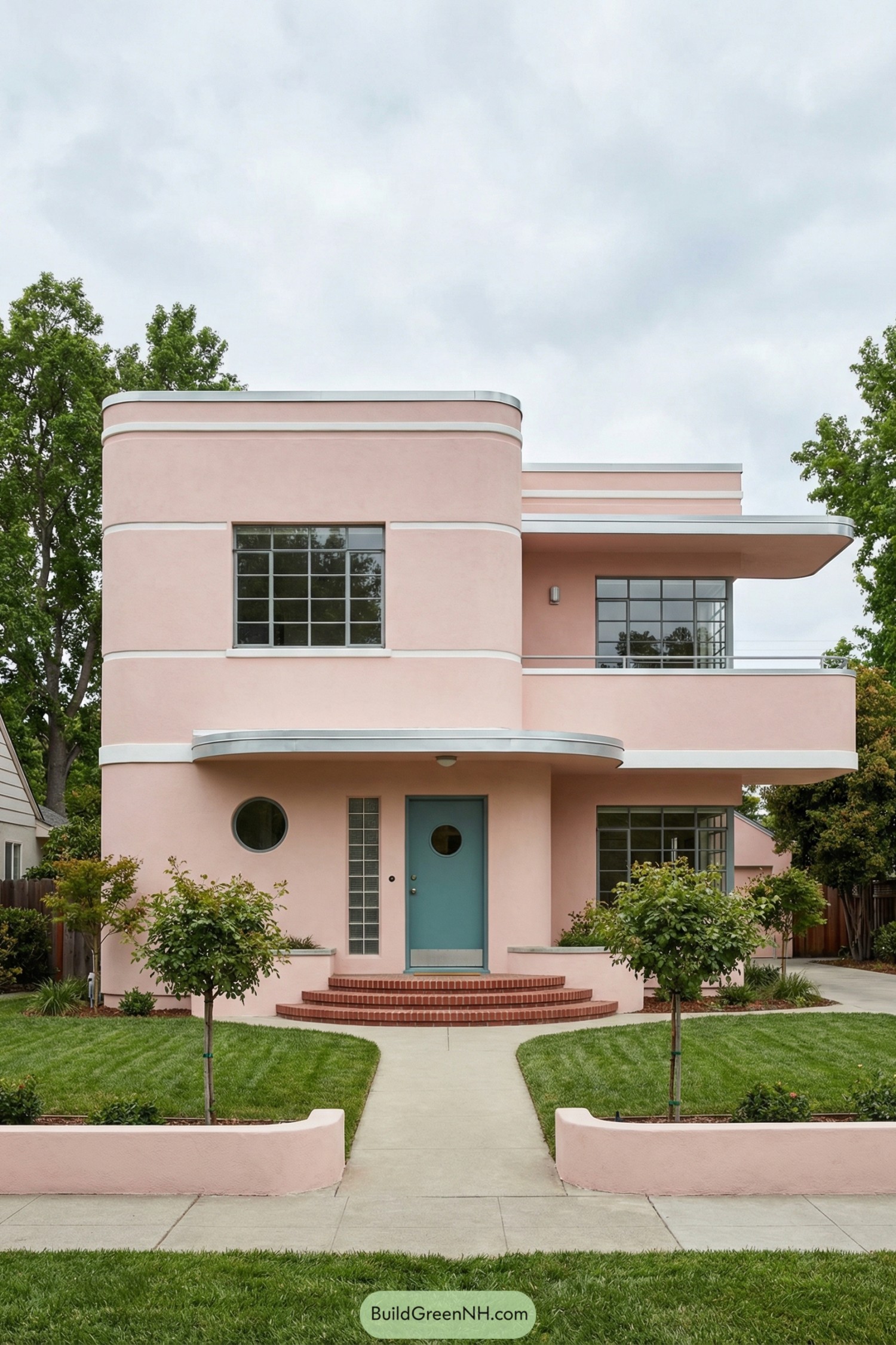 Pink two-story art deco house with teal door