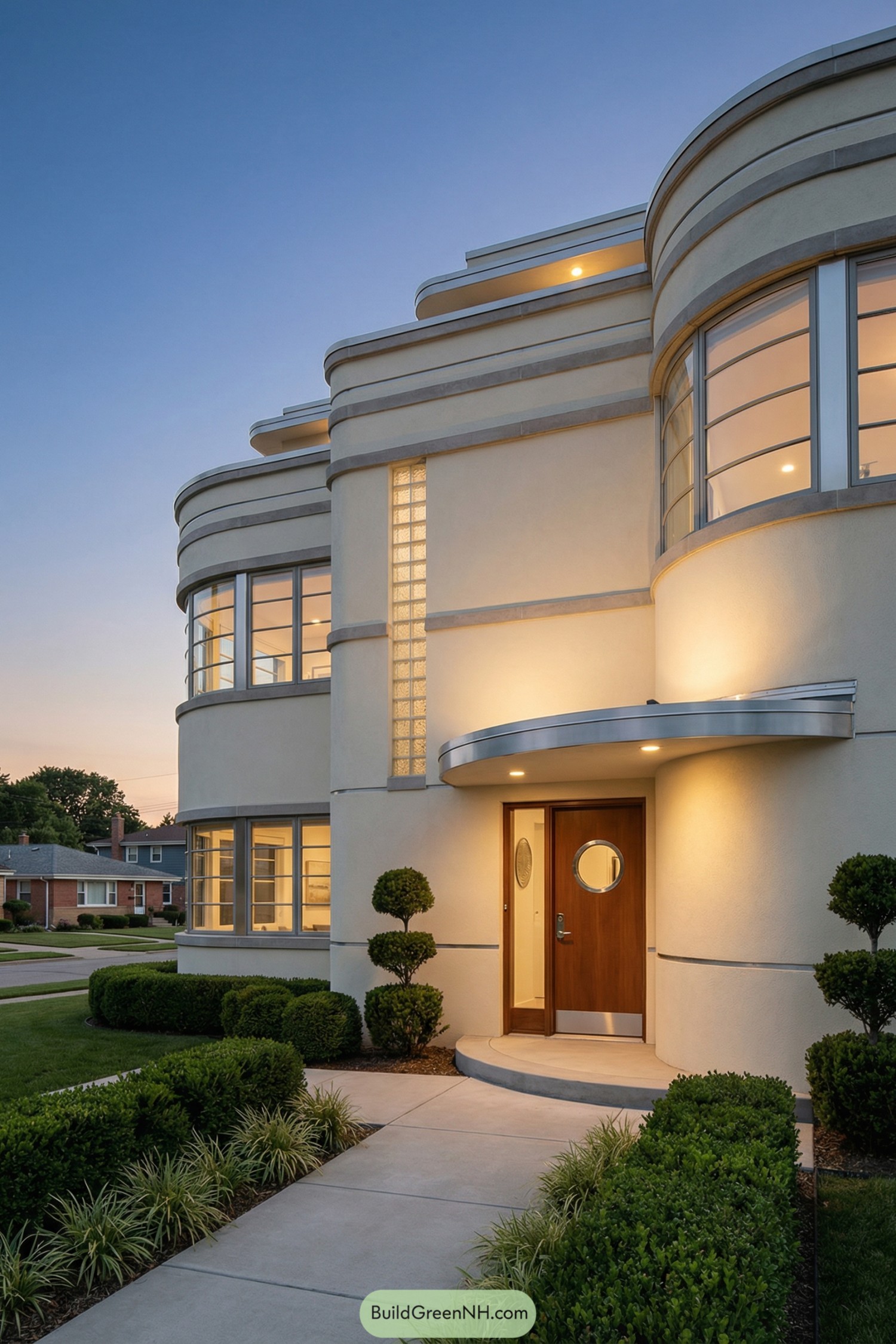 Curved cream art deco house at dusk