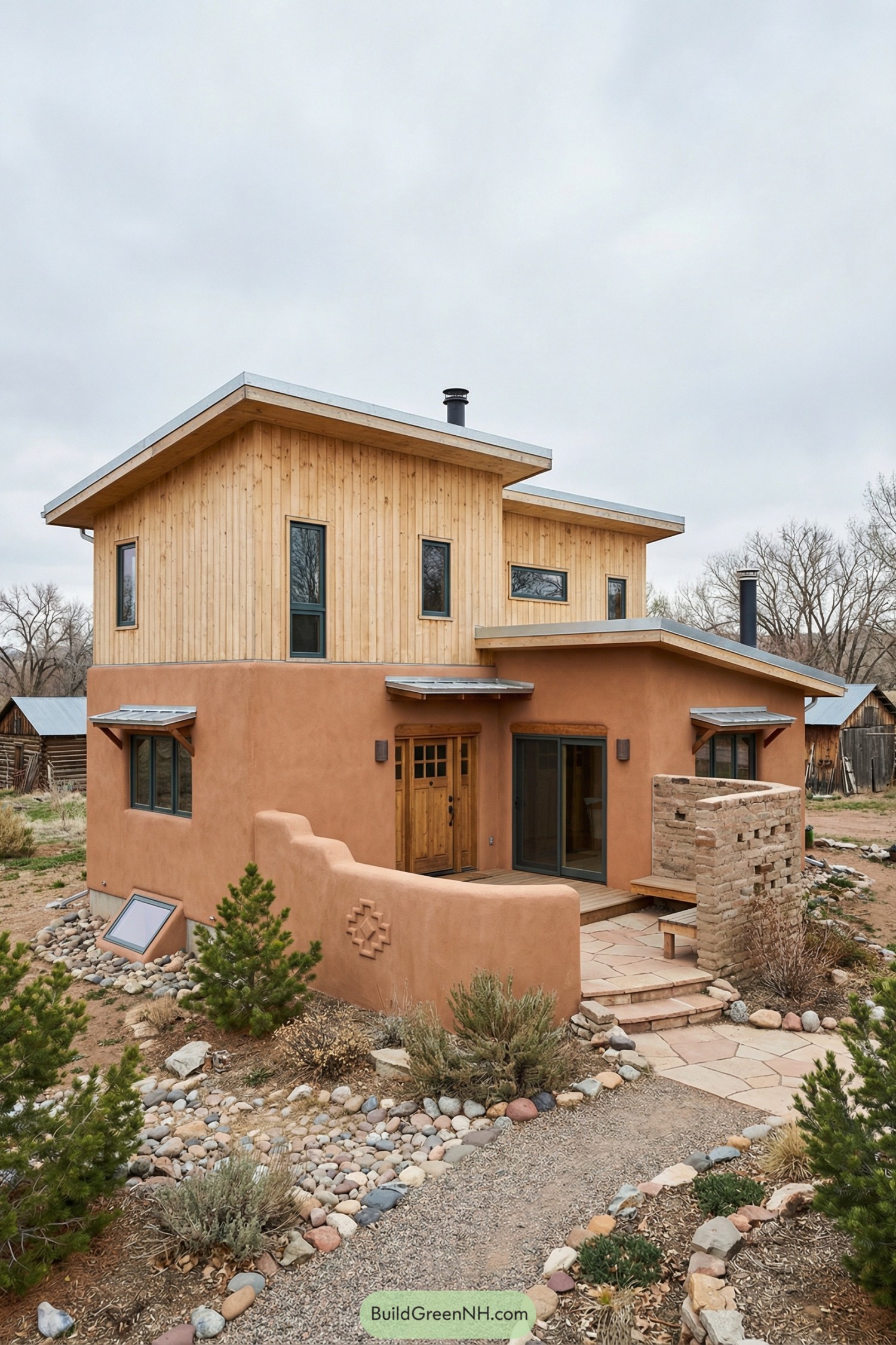 Two-story adobe house with timber-clad upper floor and desert landscaping