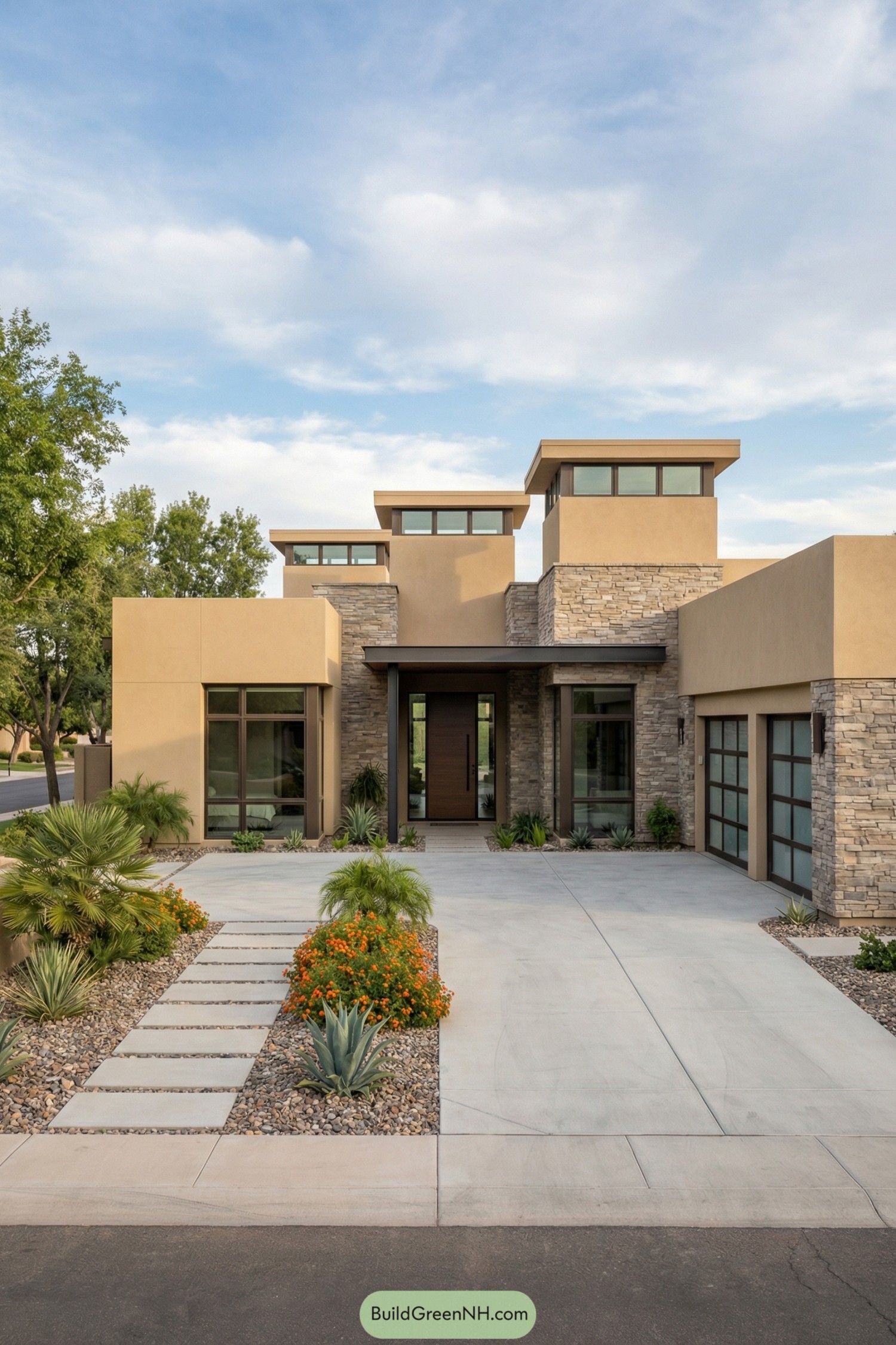 Modern adobe home with flat roofs and stone accents