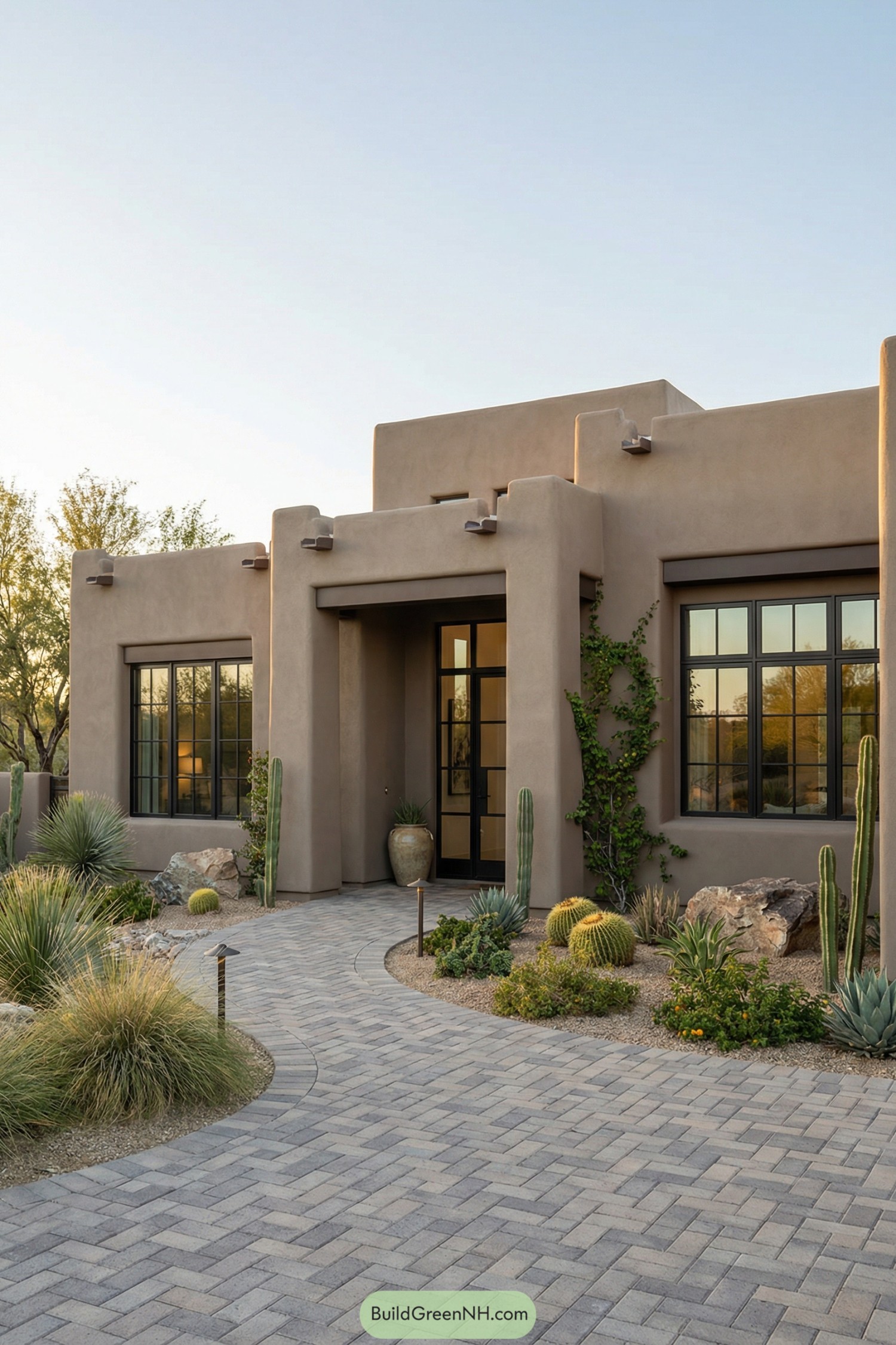 Modern adobe home with desert landscaping