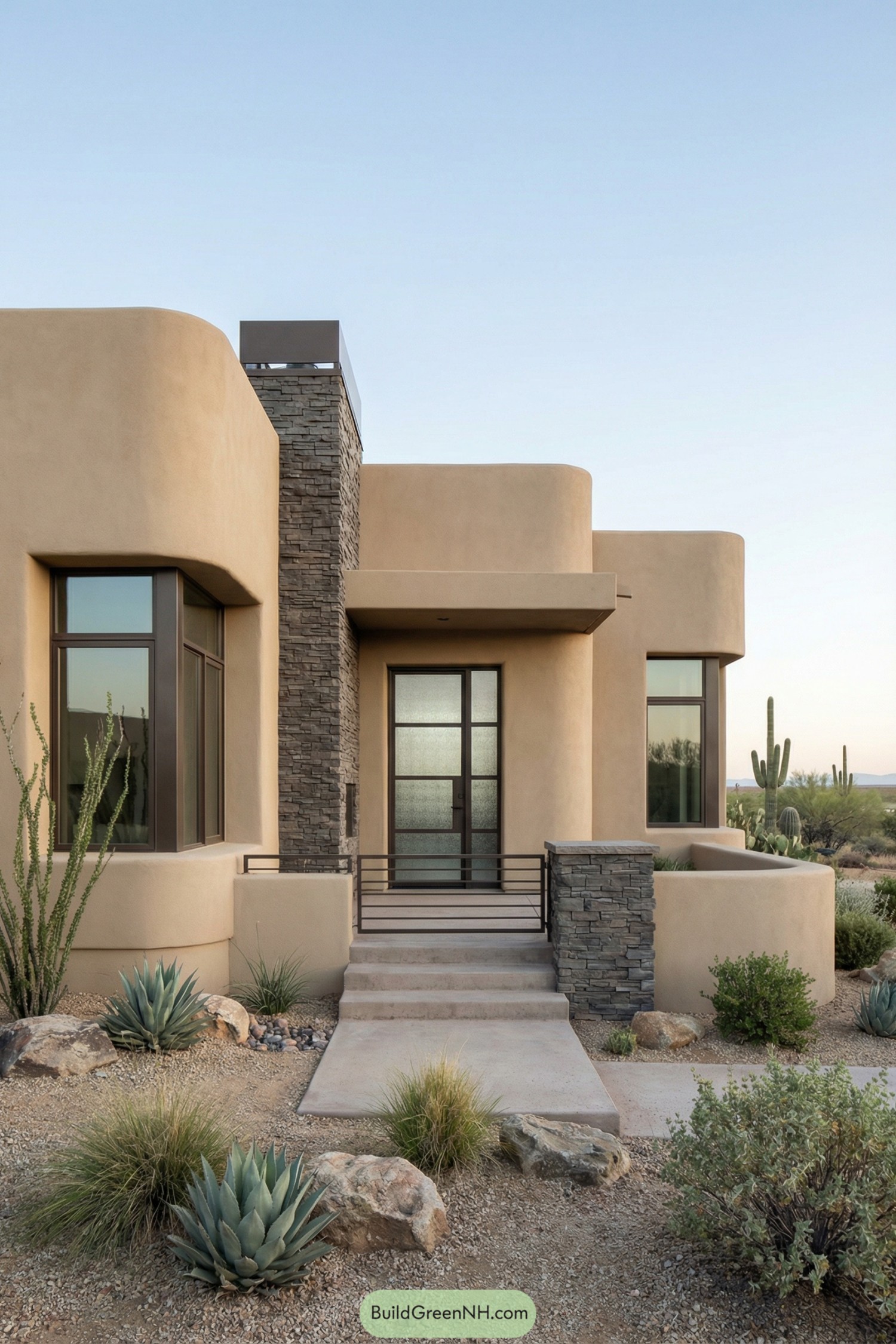 Modern adobe house with curved walls and stone accents