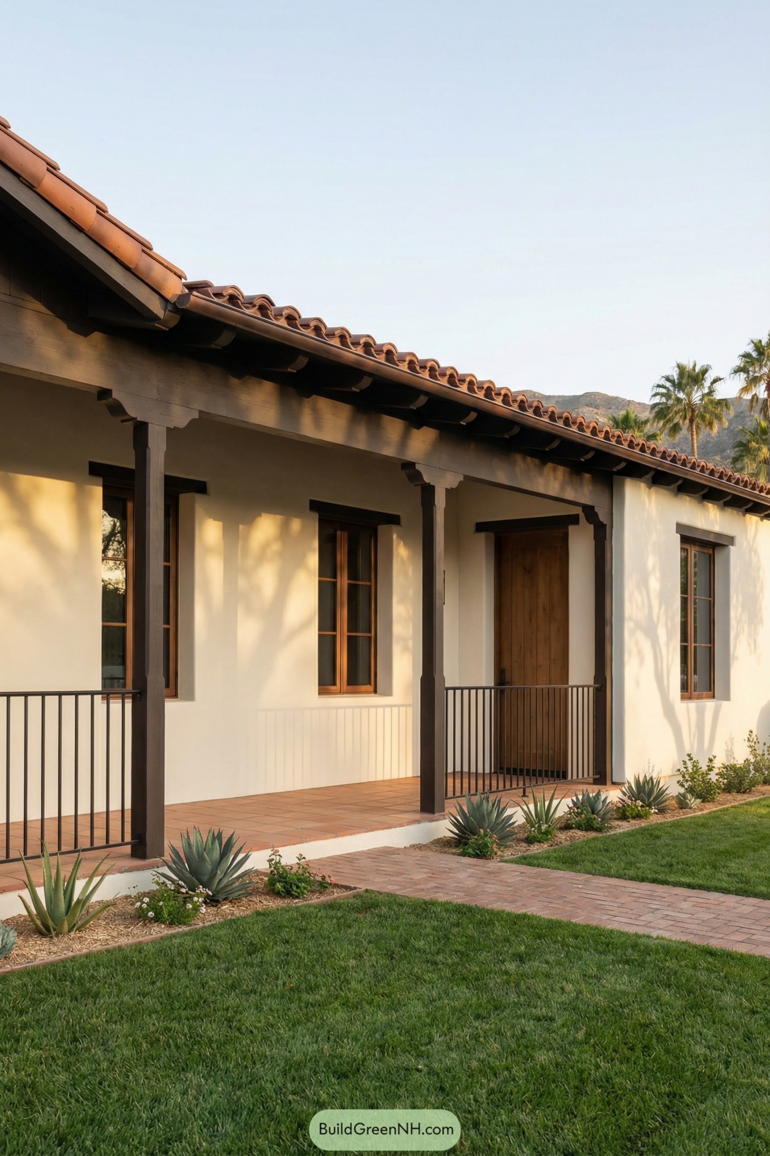 Single-story adobe home with tiled porch and dark wood accents at sunset