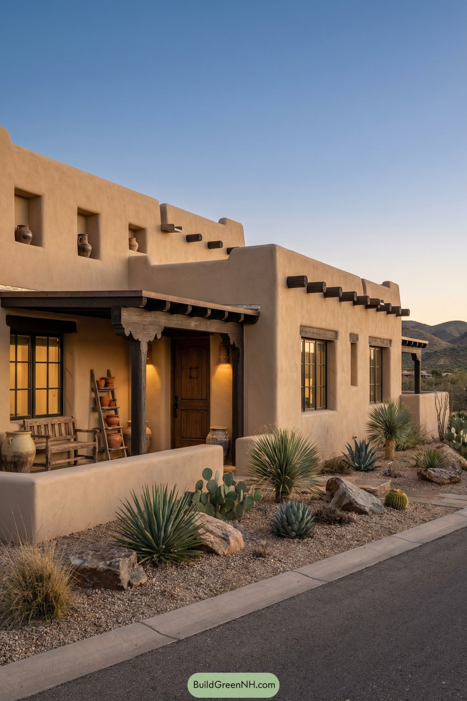 Single story adobe home with wooden porch beams warm lighting and desert plants along the front