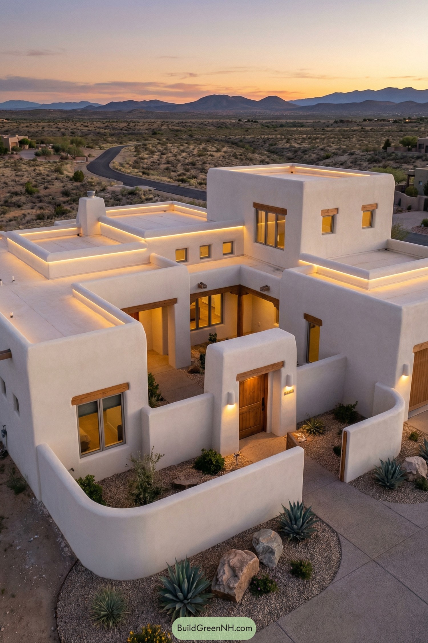 Modern adobe home with glowing roofline lighting at dusk in an open desert landscape