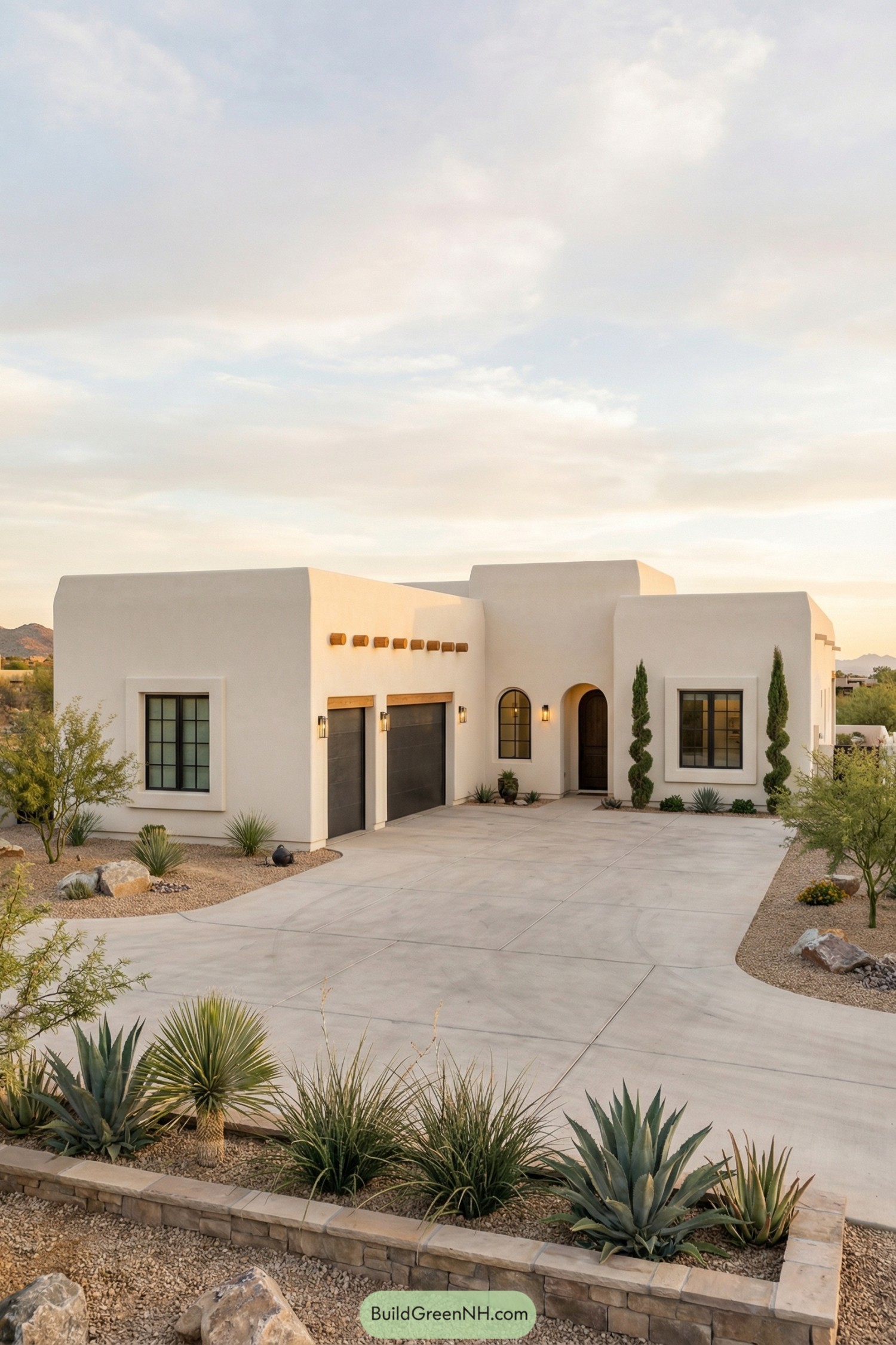 Modern adobe home with smooth stucco walls and desert plants in front yard