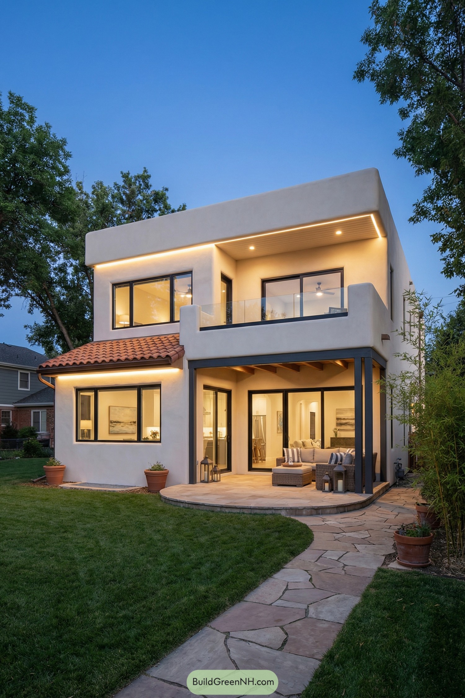 Modern two story adobe house with glowing terrace and covered patio opening to a stone path and lawn