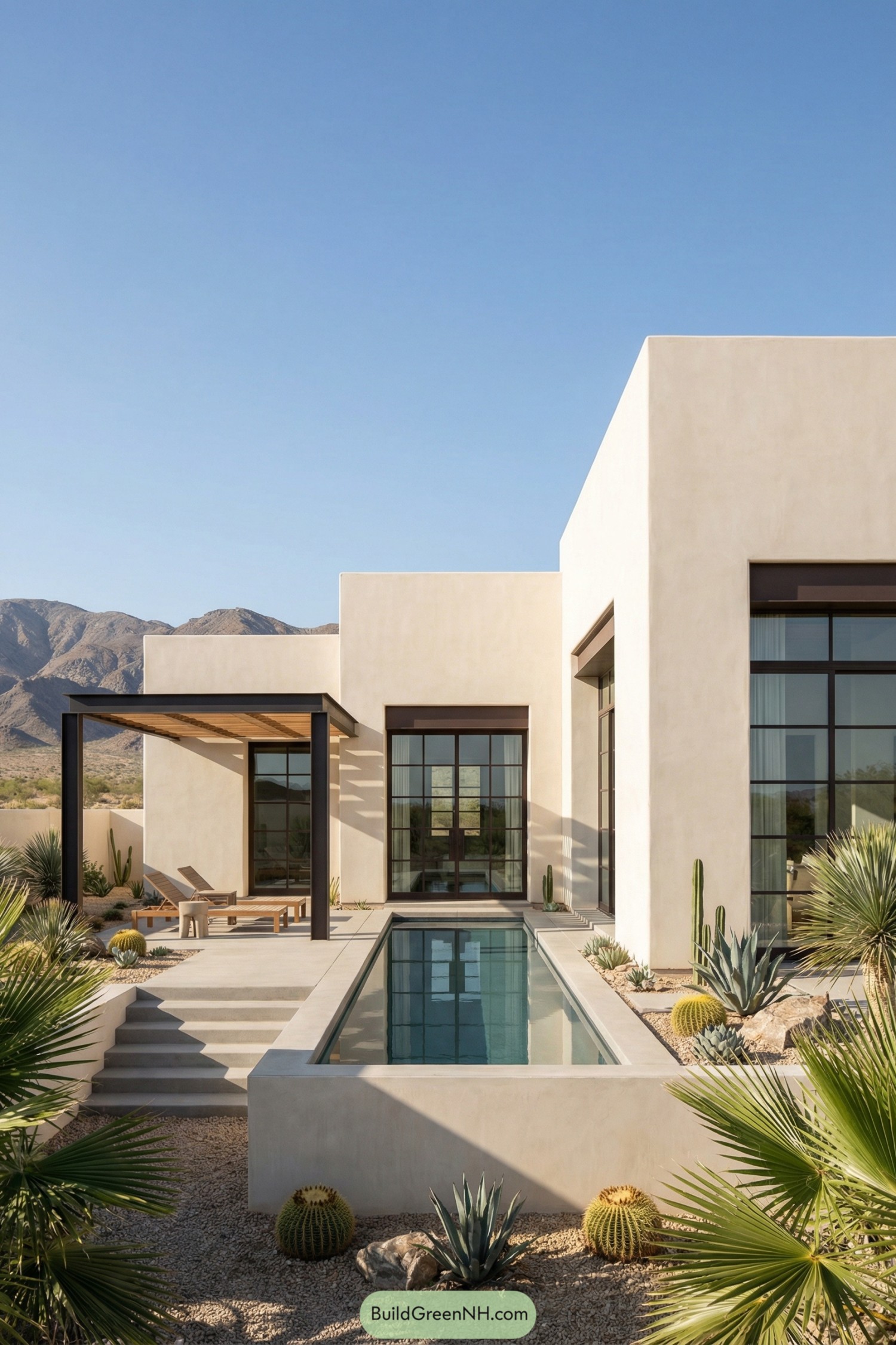 Modern adobe courtyard home with narrow central lap pool, pergola lounge, and desert landscaping