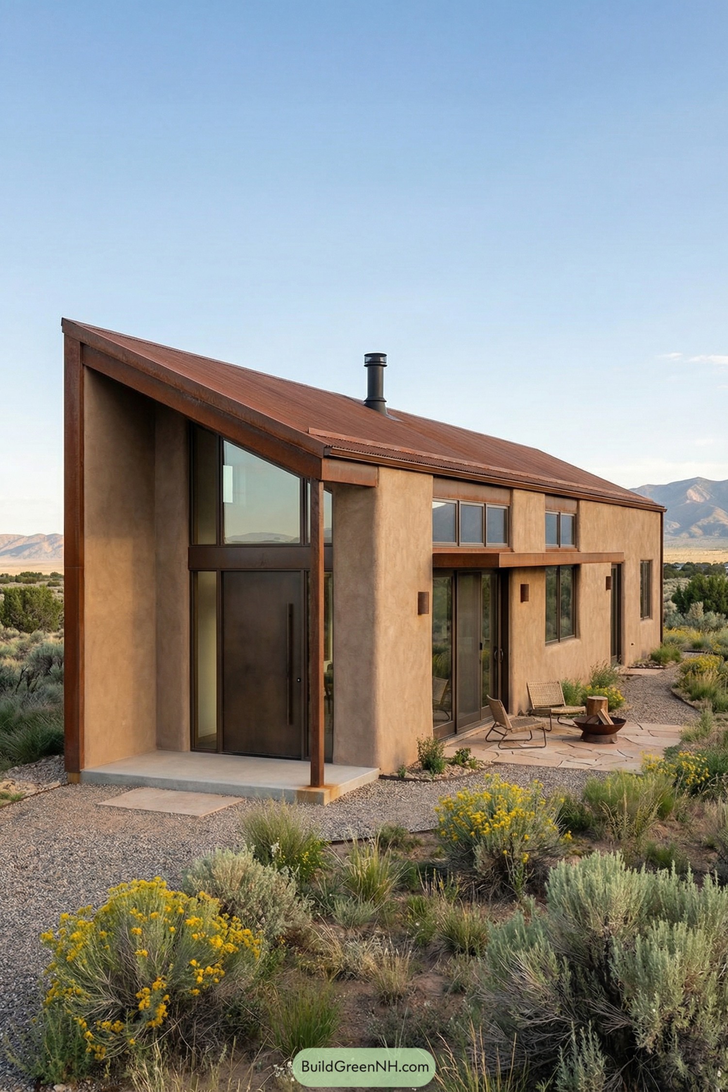Modern adobe house with tall sloped rusted roof and large windows set in open desert vegetation
