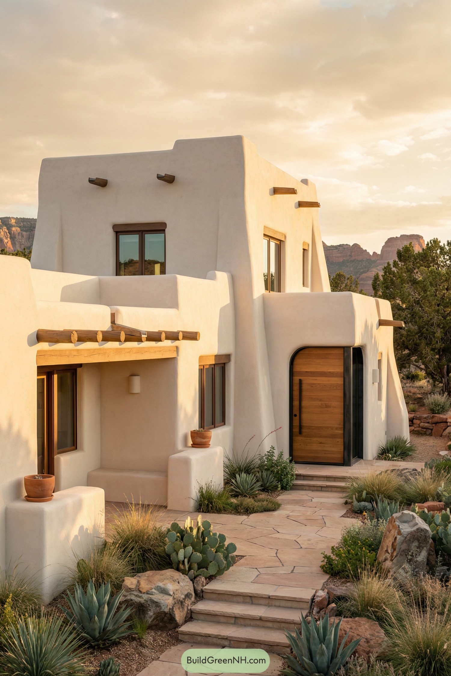 Modern adobe house with curved walls and desert plants
