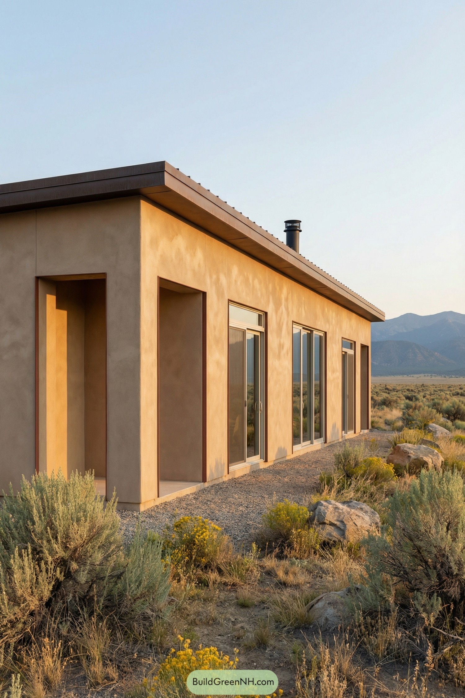 Modern adobe house with large desert-facing windows