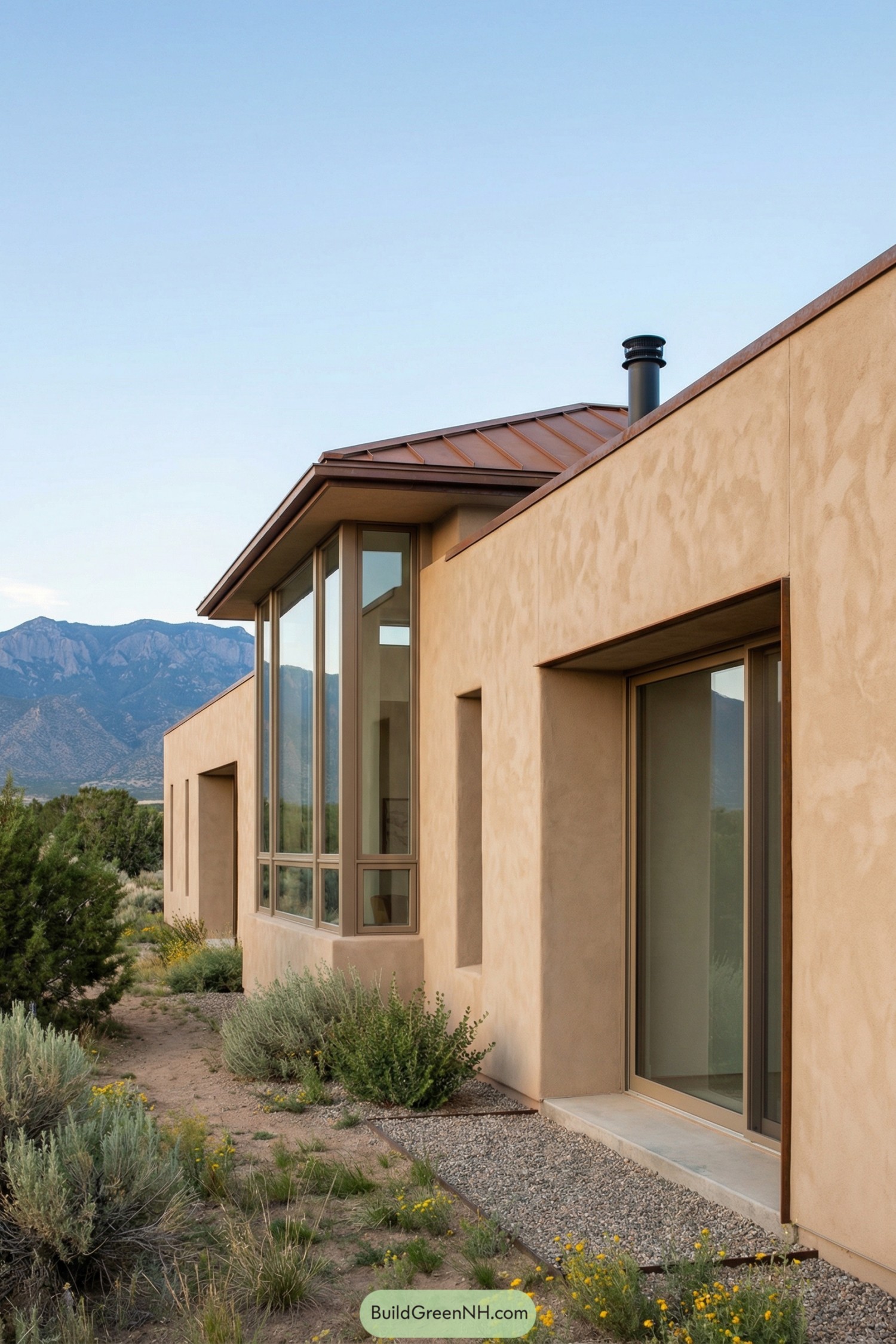 Modern adobe house with tall corner windows overlooking desert mountains