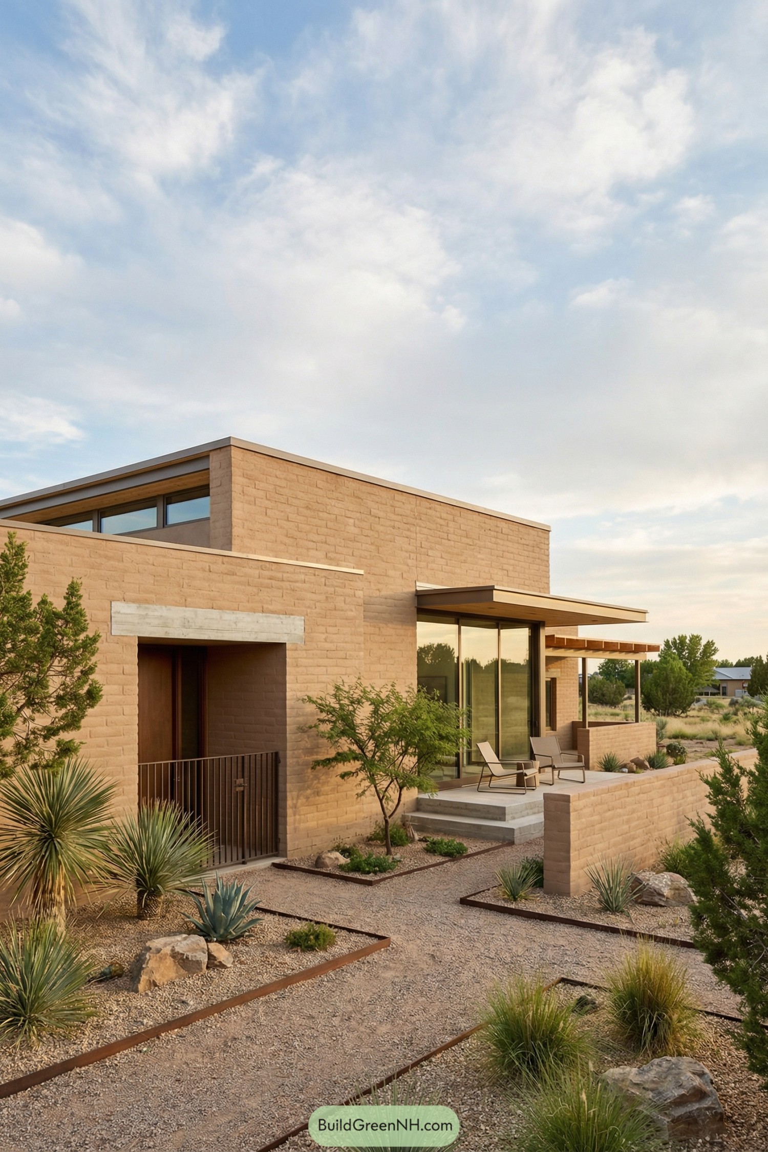 Modern adobe house with flat roofs large glass walls and desert landscaping in front