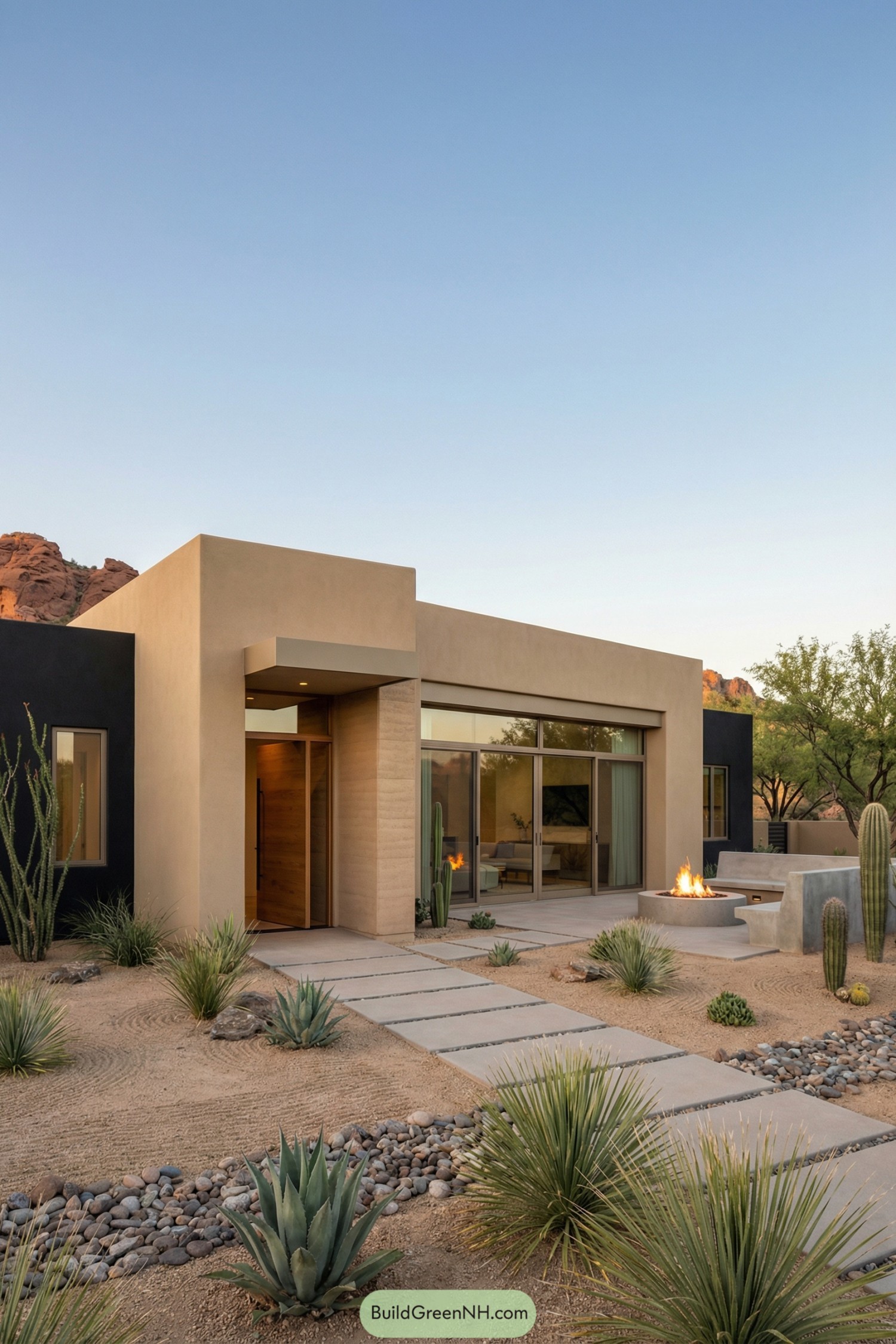 Modern adobe home with flat roof, large glass doors, desert landscaping, and central fire pit at dusk