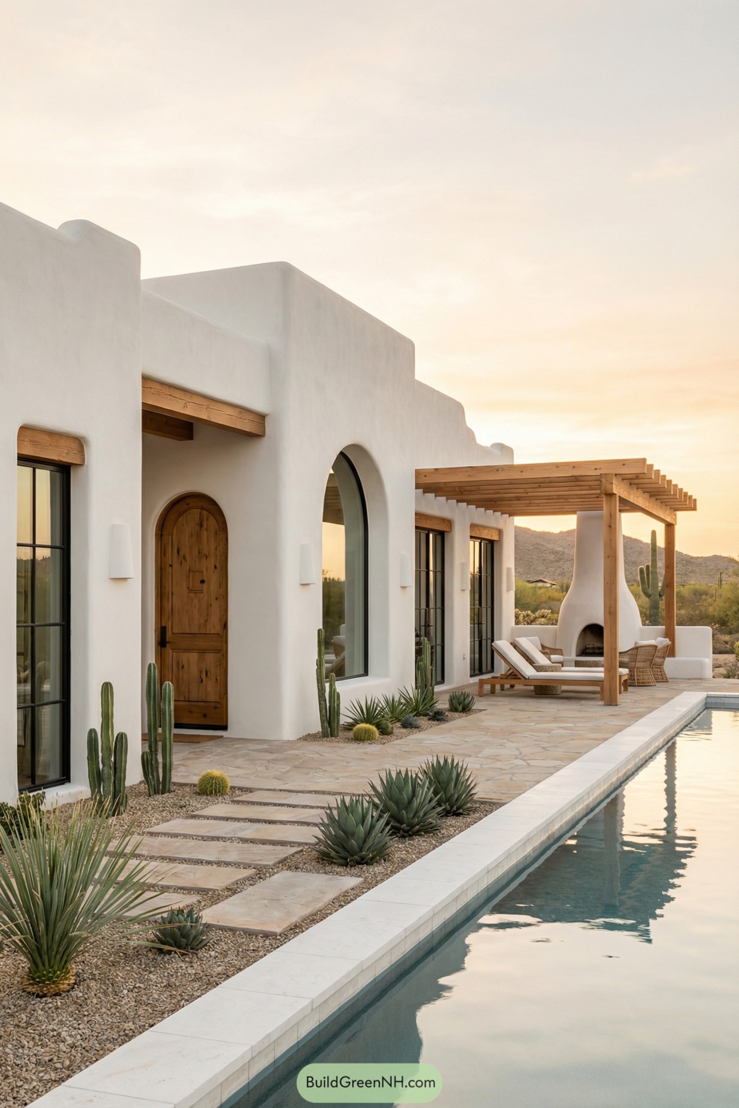 Modern white adobe home with pergola and pool at sunset