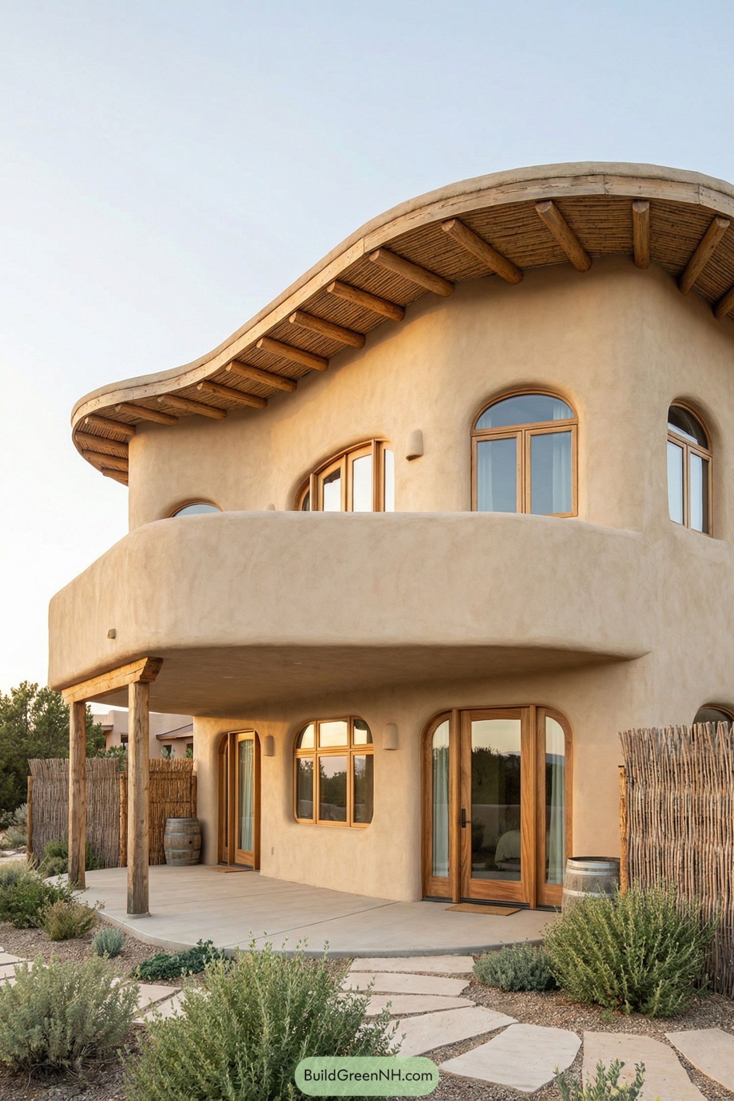 Curved two-story adobe house with wavy roof and arched wood-framed windows