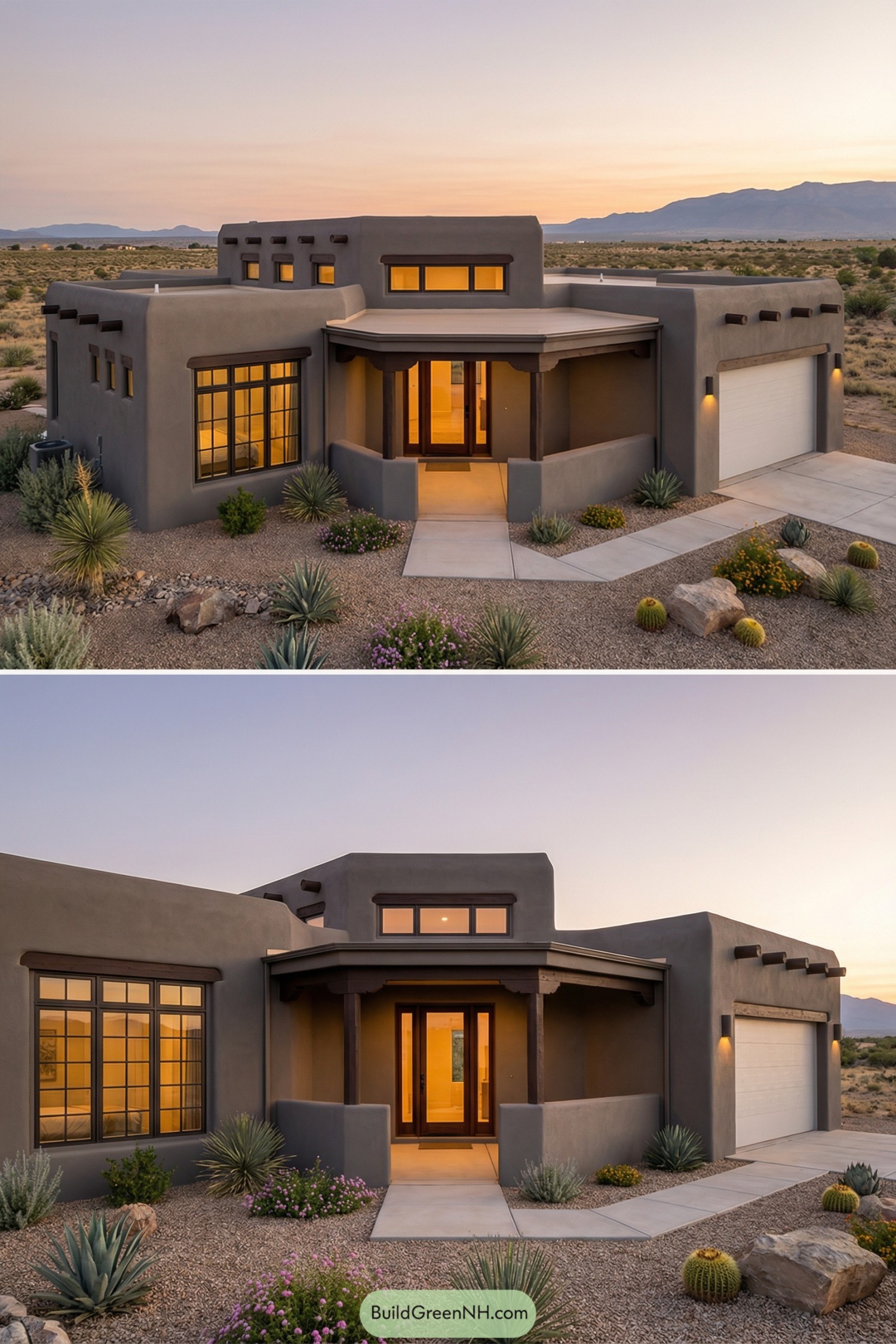 Single-story modern adobe home at sunset with smooth stucco walls, deep-set windows, and a warm glowing entry framed by a covered porch and desert landscaping. Concrete walkways weave through gravel, cacti, and low shrubs toward the front door and attached garage