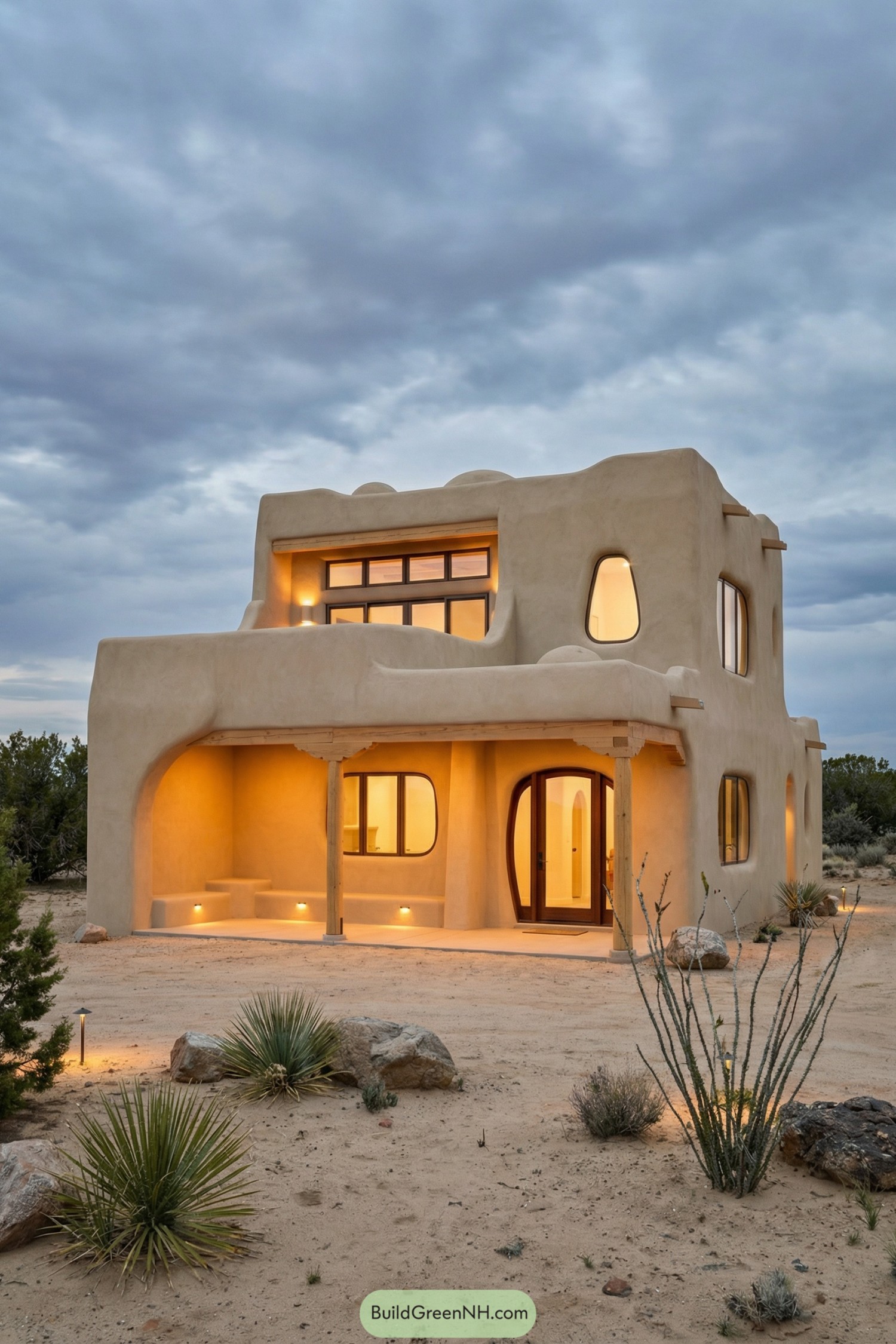 Two-story modern adobe house glowing at dusk