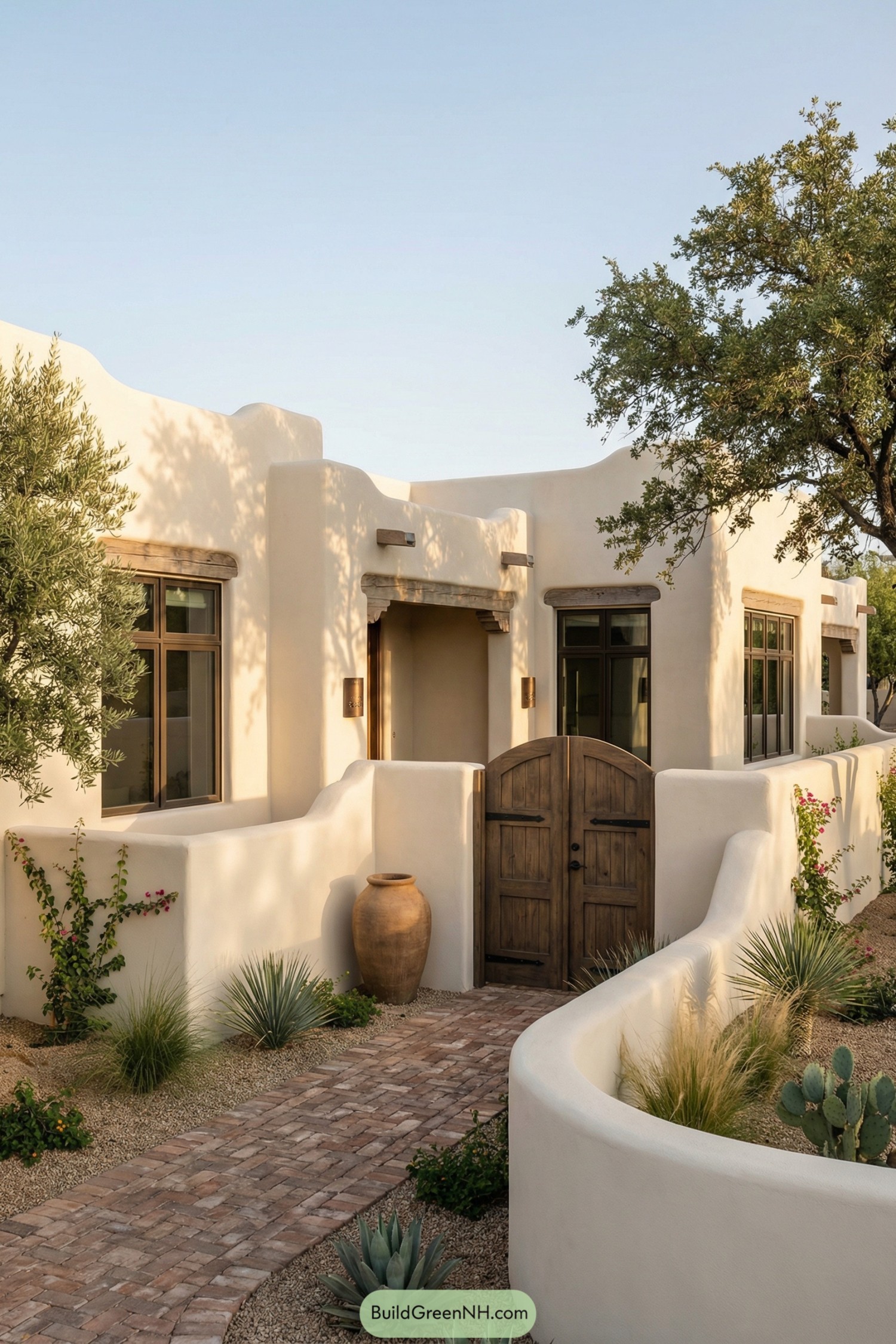 Creamy adobe home with curved walls rustic gate and desert garden