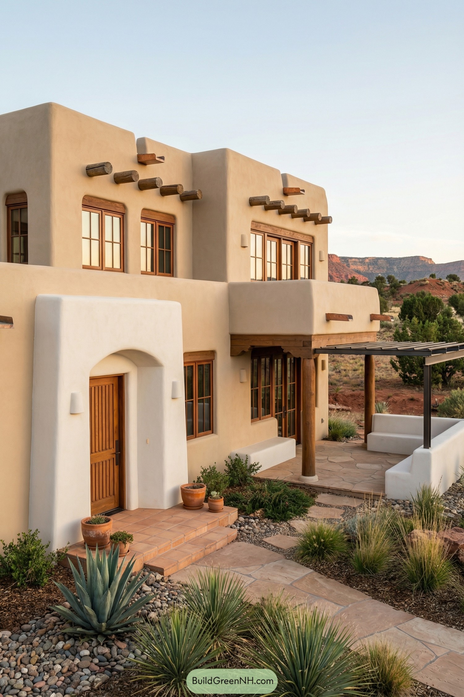 Two-story modern adobe home with rounded stucco walls, wood beams, and desert plants along a stone path