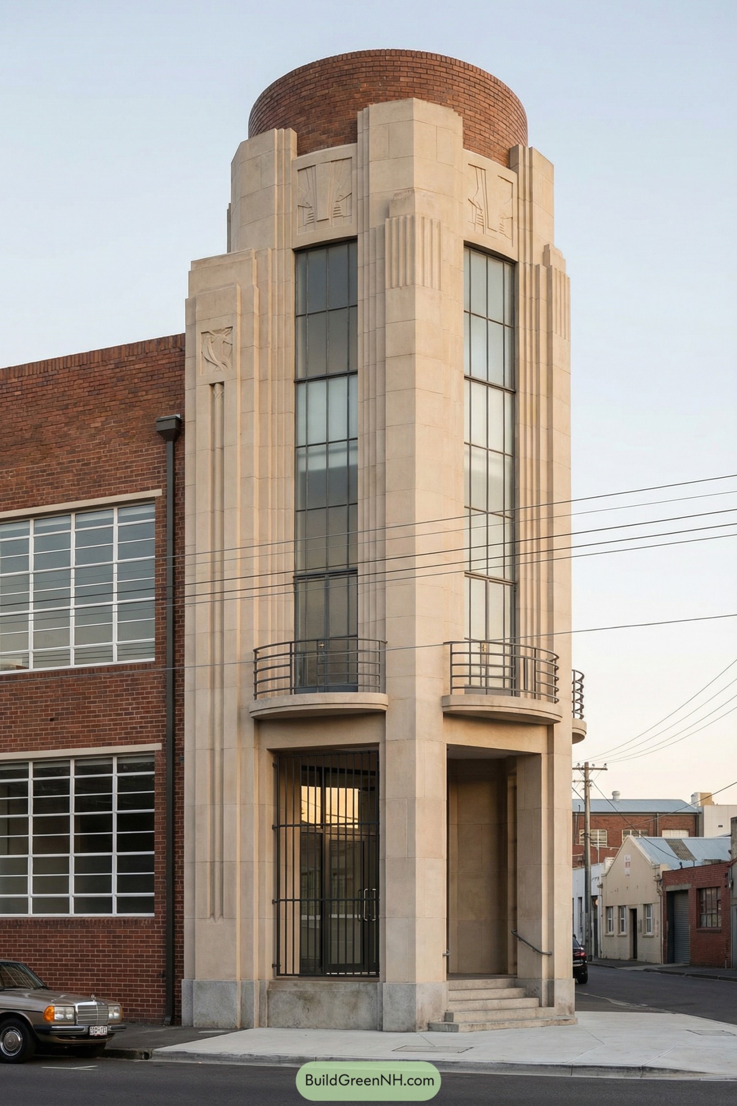 Tall cream-toned Art Deco corner tower with vertical glass panels and a rounded brick crown