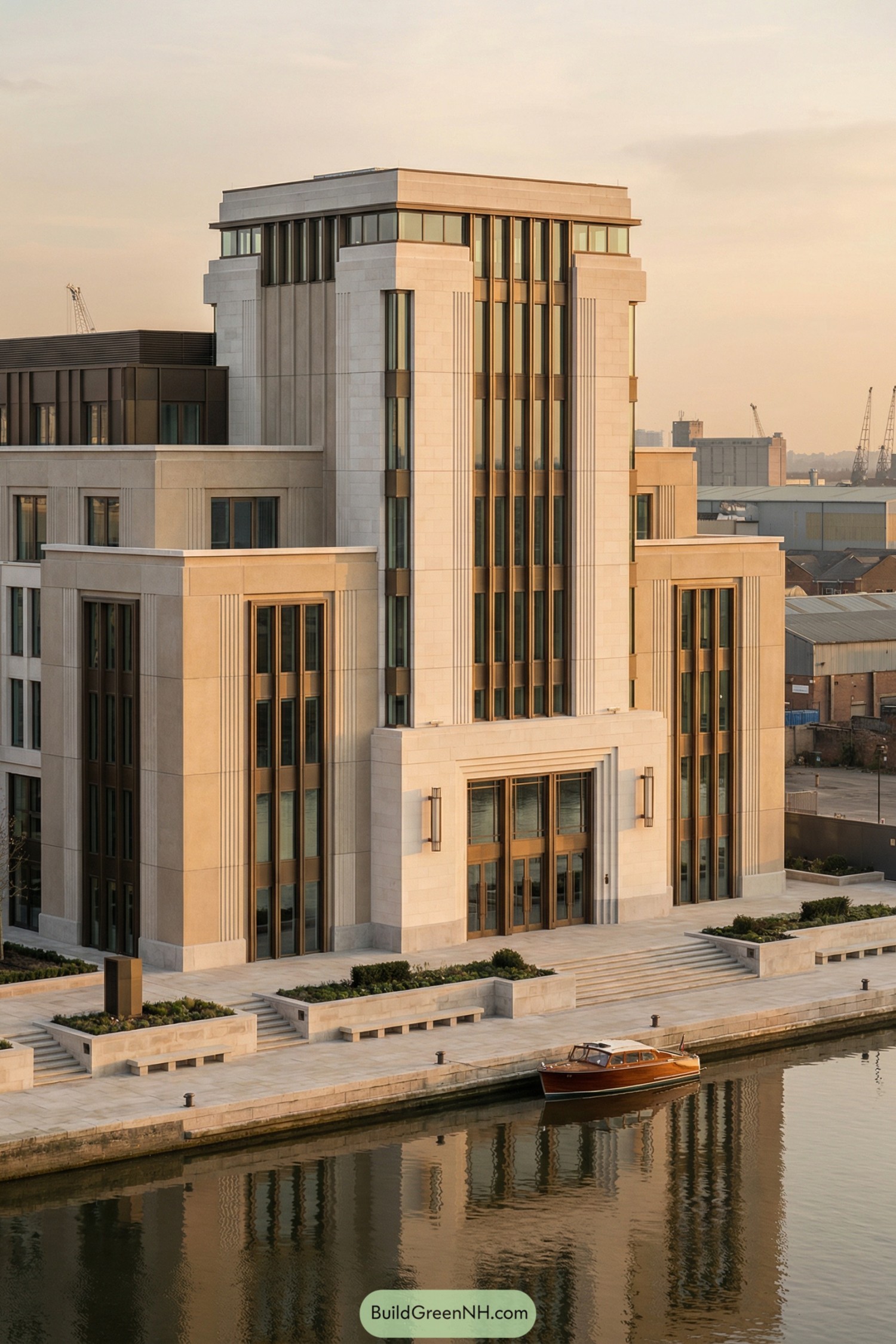 Waterfront Art Deco-inspired tower at sunset