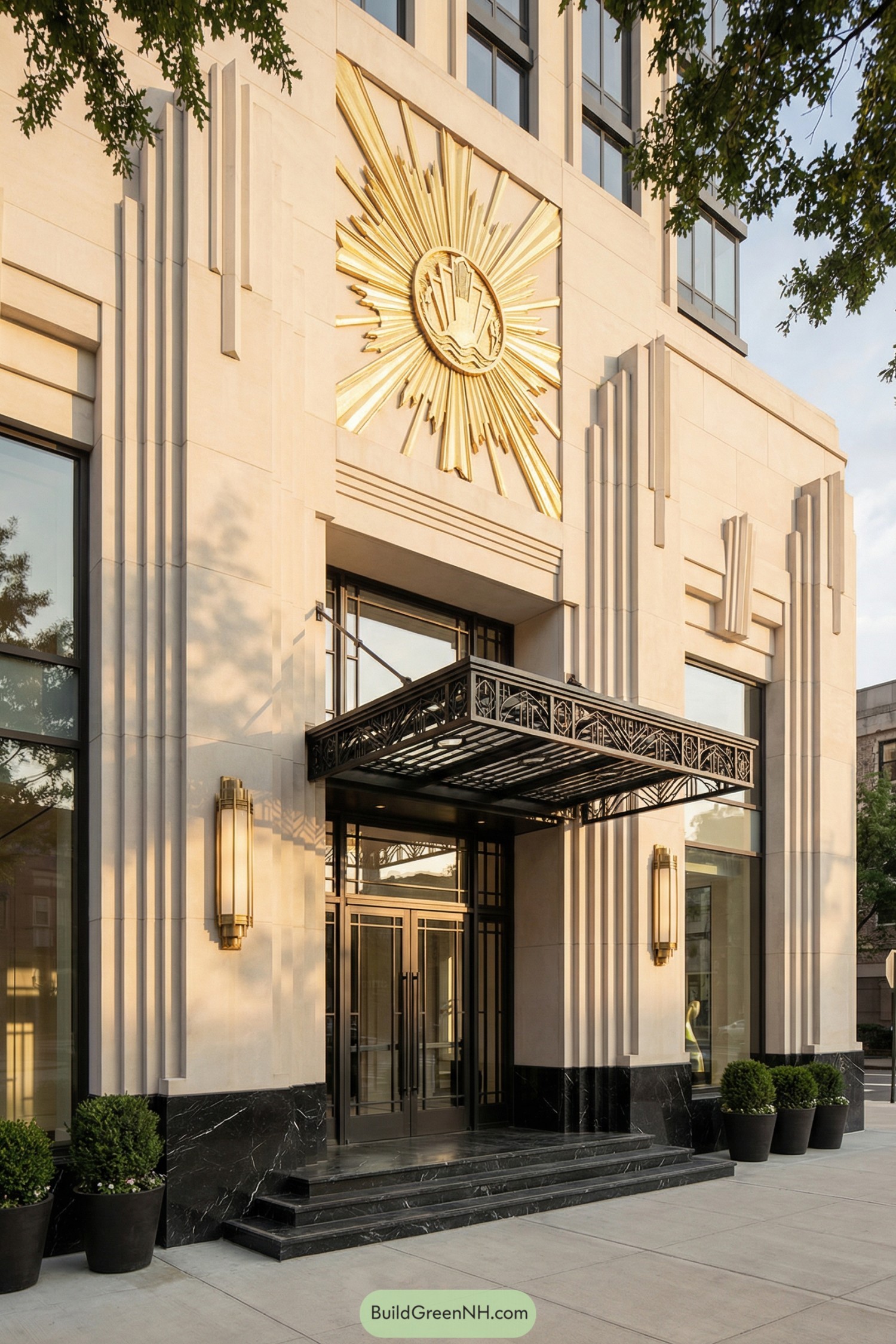 Art deco building entrance with golden sunburst relief