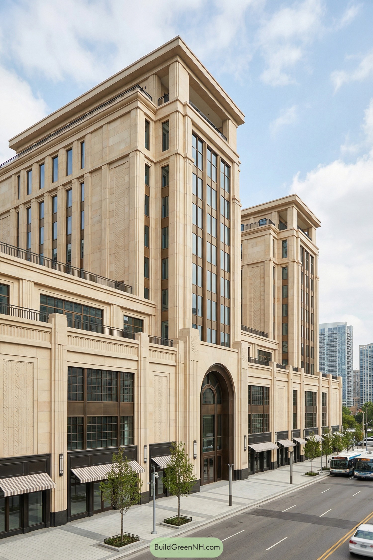 Tan stone mixed-use tower with tall windows and layered art deco facade along a city street