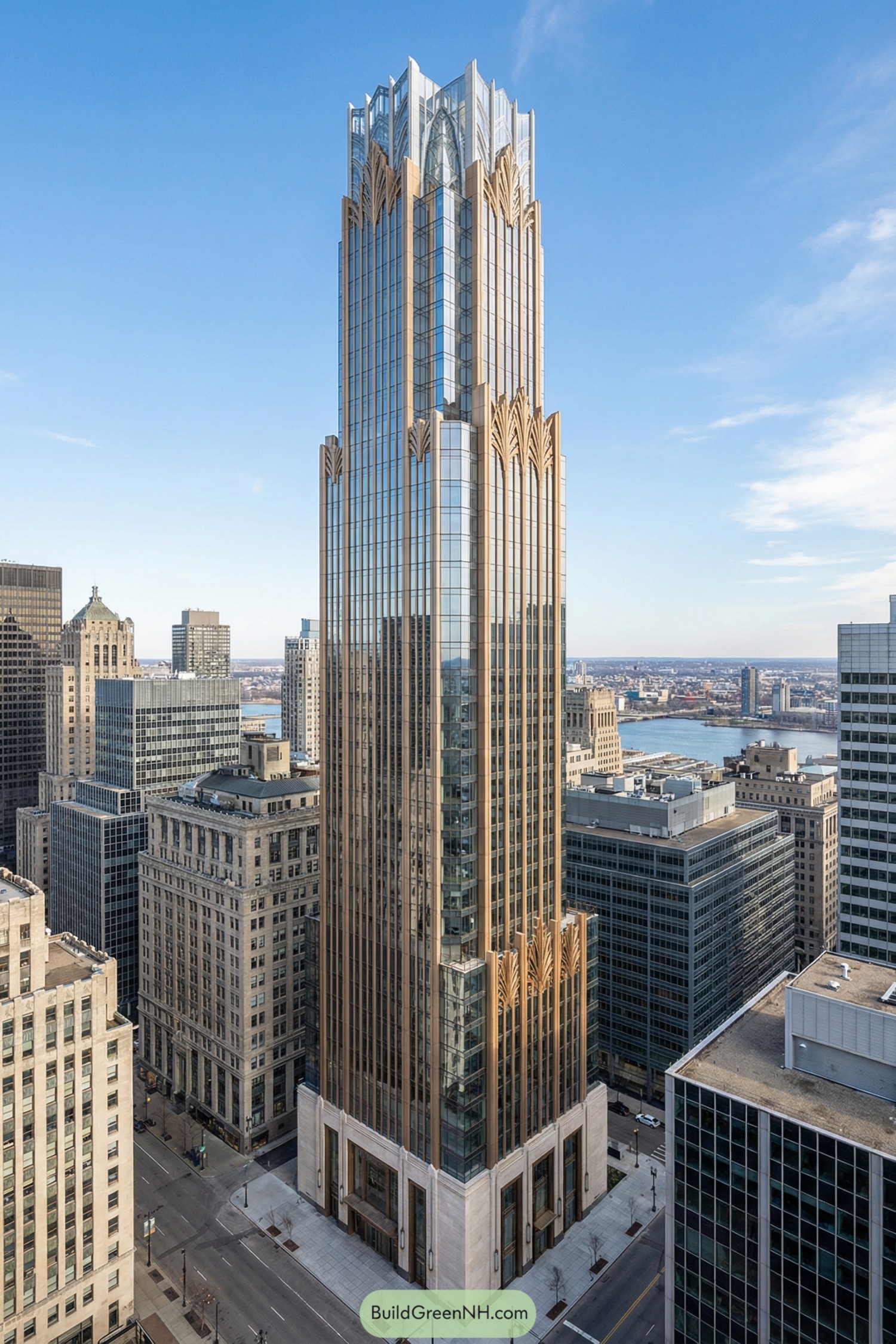 Tall Art Deco-inspired skyscraper with bronze verticals and faceted glass crown