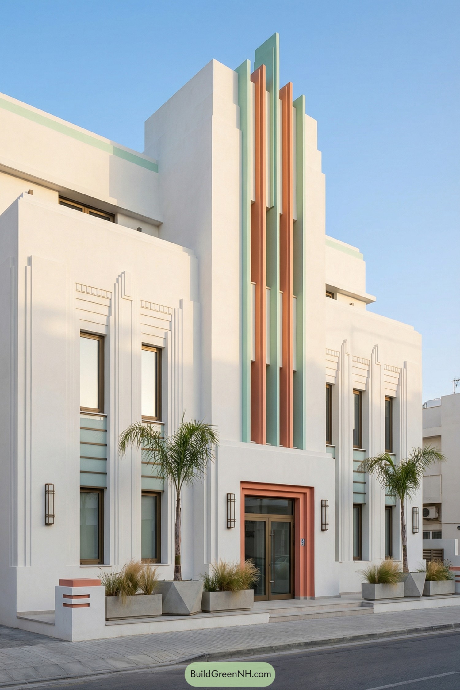high-res photo of modern art deco facade, streamlined vertical facade with strong central tower element and stepped geometric reliefs, main facade in smooth white stucco with layered projecting fins in pastel mint green and muted coral orange creating a bold vertical accent, building massing composed of flat surfaces, sharp edges, shallow stepped volumes and a gently scalloped parapet line, materials in smooth plastered masonry with crisp shadow lines and minimal visible joints, roof hidden behind a flat parapet with subtle curved and stepped profiles, tall narrow windows arranged in vertical bands with bronze or dark aluminum frames and frosted glass, each window bay framed by shallow mint pilasters and simple horizontal spandrel panels, entrance doors as double leaf glazed doors with slim metal frames in a bronze tone set in a recessed coral-framed portal with a stepped lintel, front outdoor area with a narrow raised terrace, simple geometric concrete planters matching the facade colors, low stepped walls and linear art deco-inspired wall lights, landscaping with symmetrical planting beds, low ornamental grasses, small sculpted shrubs and a pair of slender palm trees flanking the building, surrounding background with a clean paved sidewalk, a calm urban street, and clear blue sky creating strong sunlit highlights and deep shadows on the relief details, real-life photo, high-resolution, architectural photography, soft lighting, cinematic composition.
