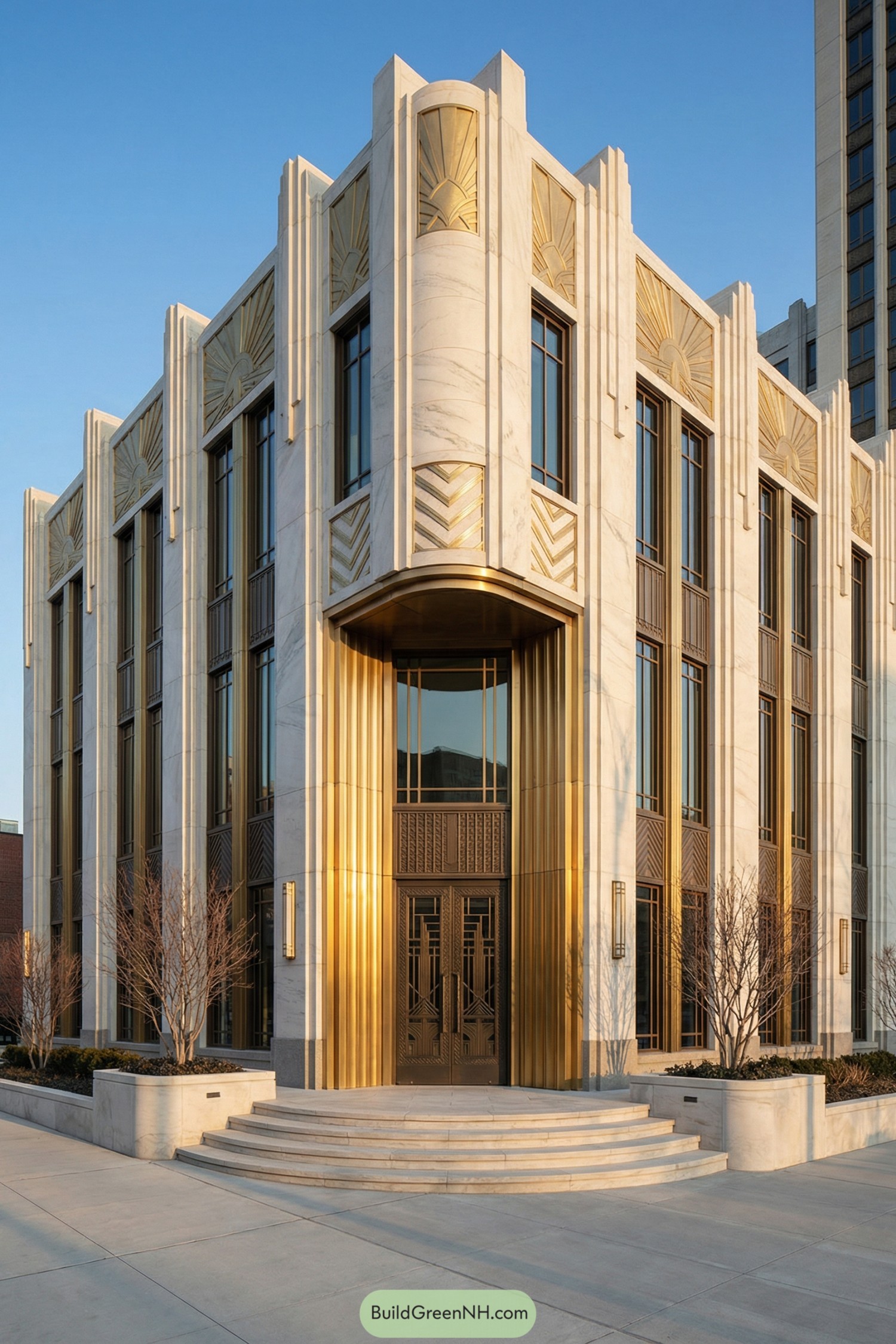 Art deco building with white stone and gold metal facade