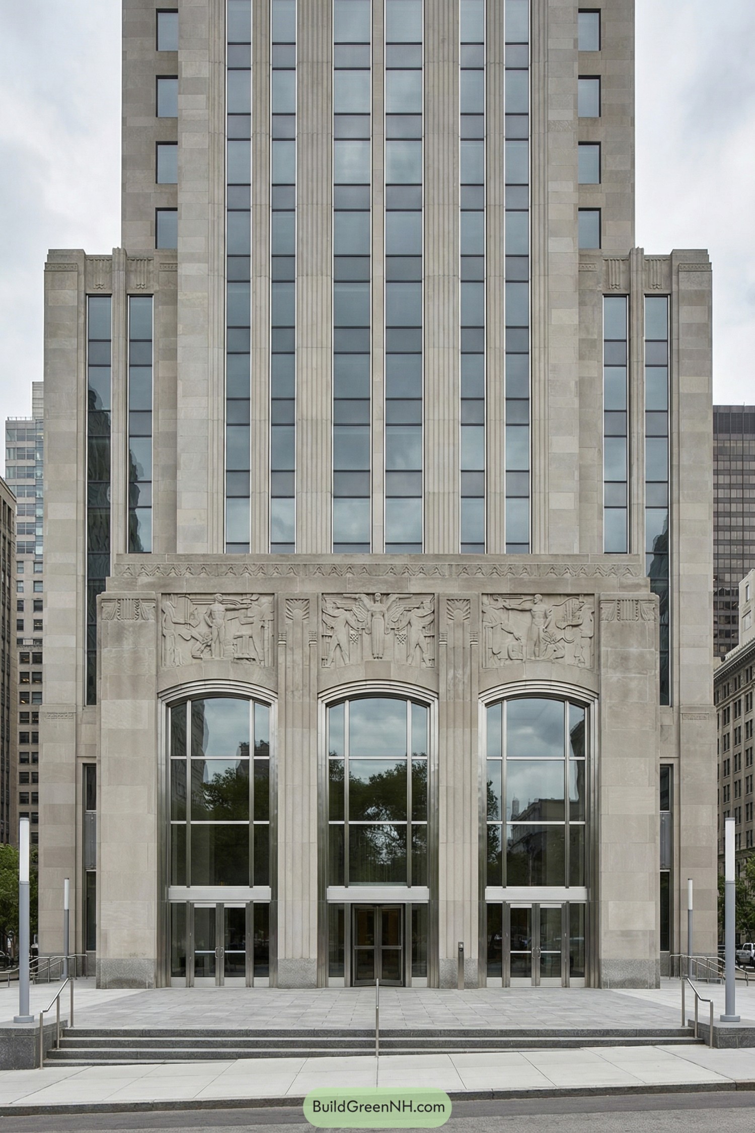 Tall stone Art Deco facade with vertical windows, sculpted relief frieze, and three tall glass entrance bays at street level