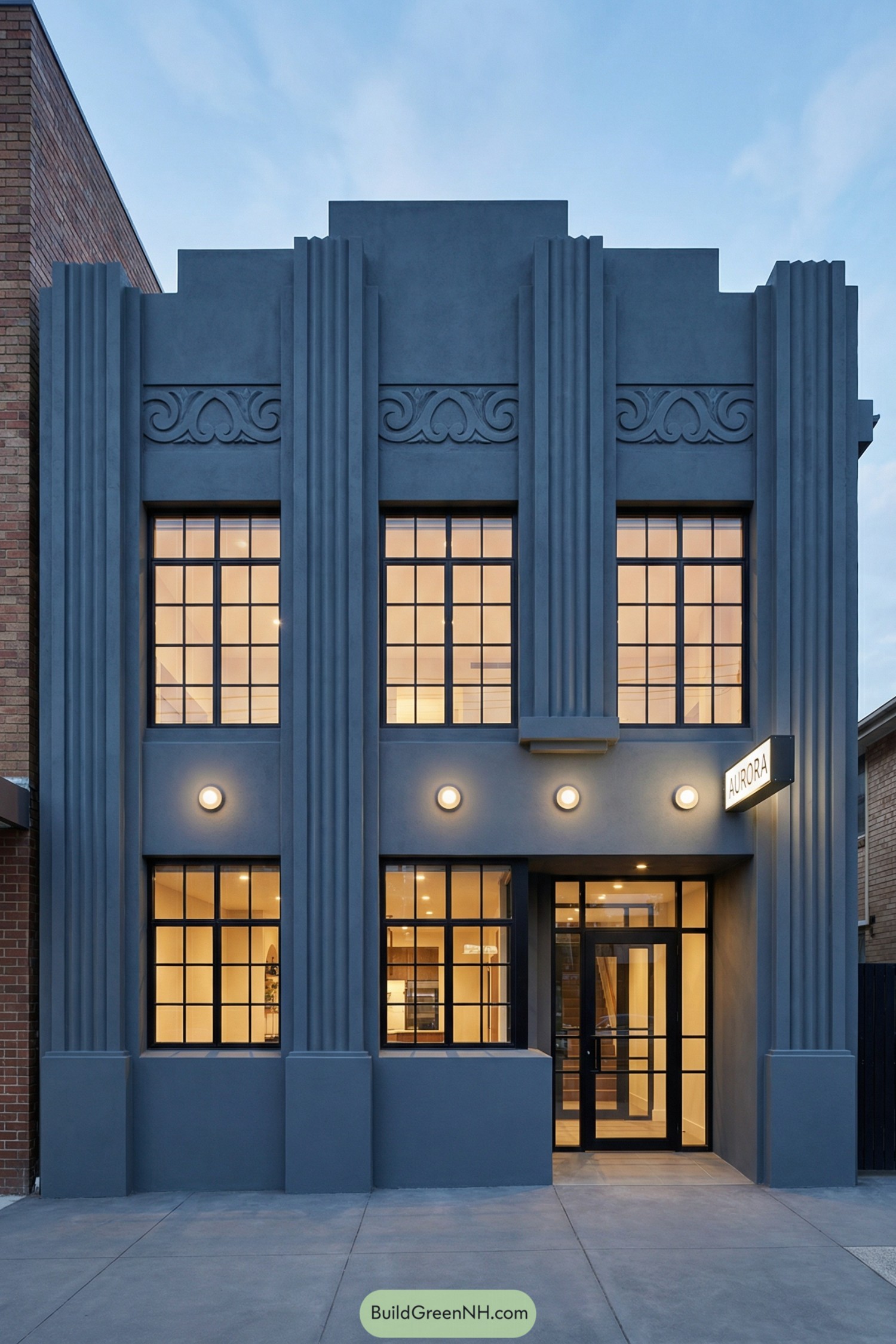 Two-story blue-gray art deco facade with tall windows and vertical detailing