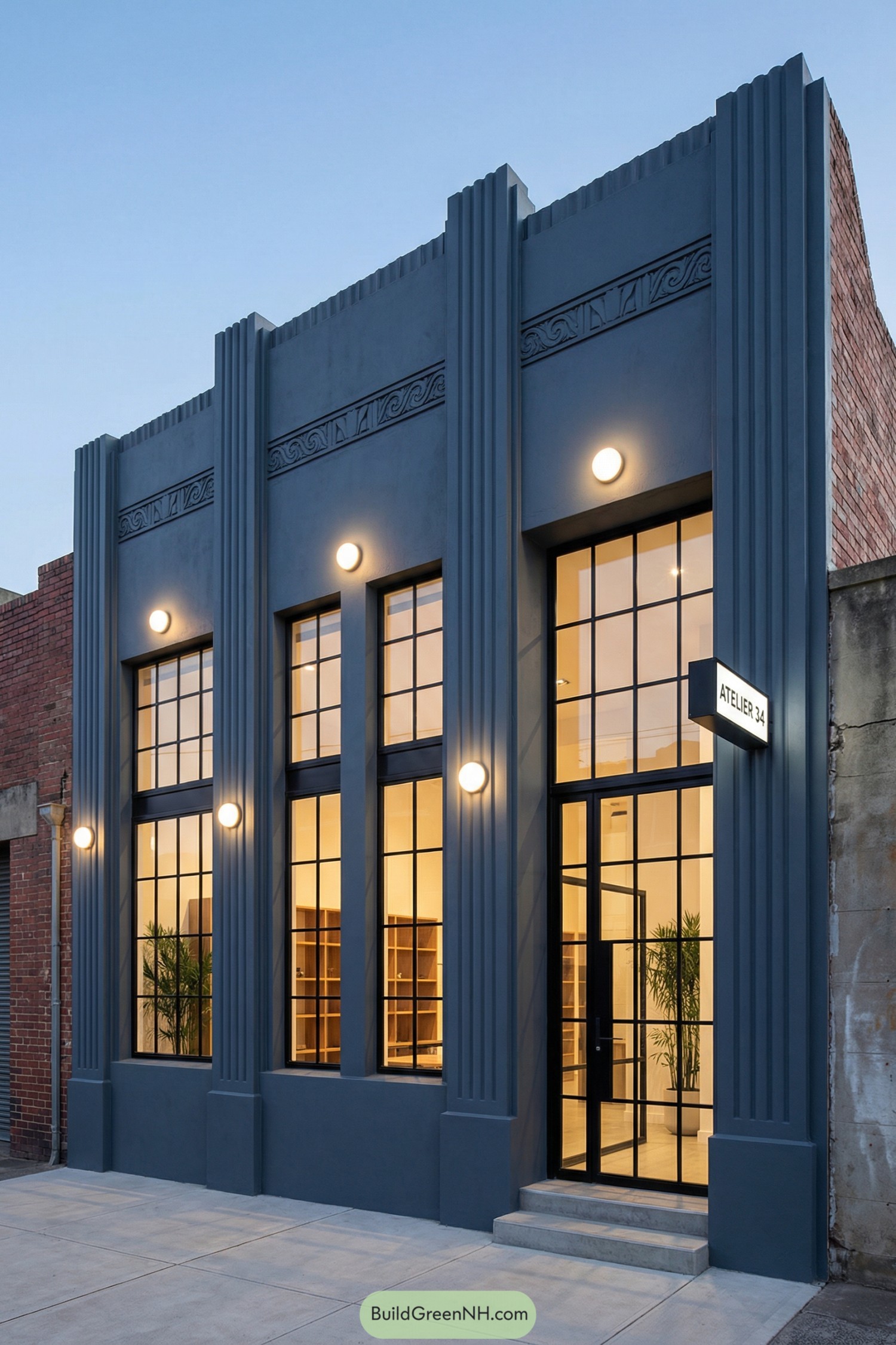 Dark blue-gray art deco storefront with tall gridded windows glowing warmly at dusk