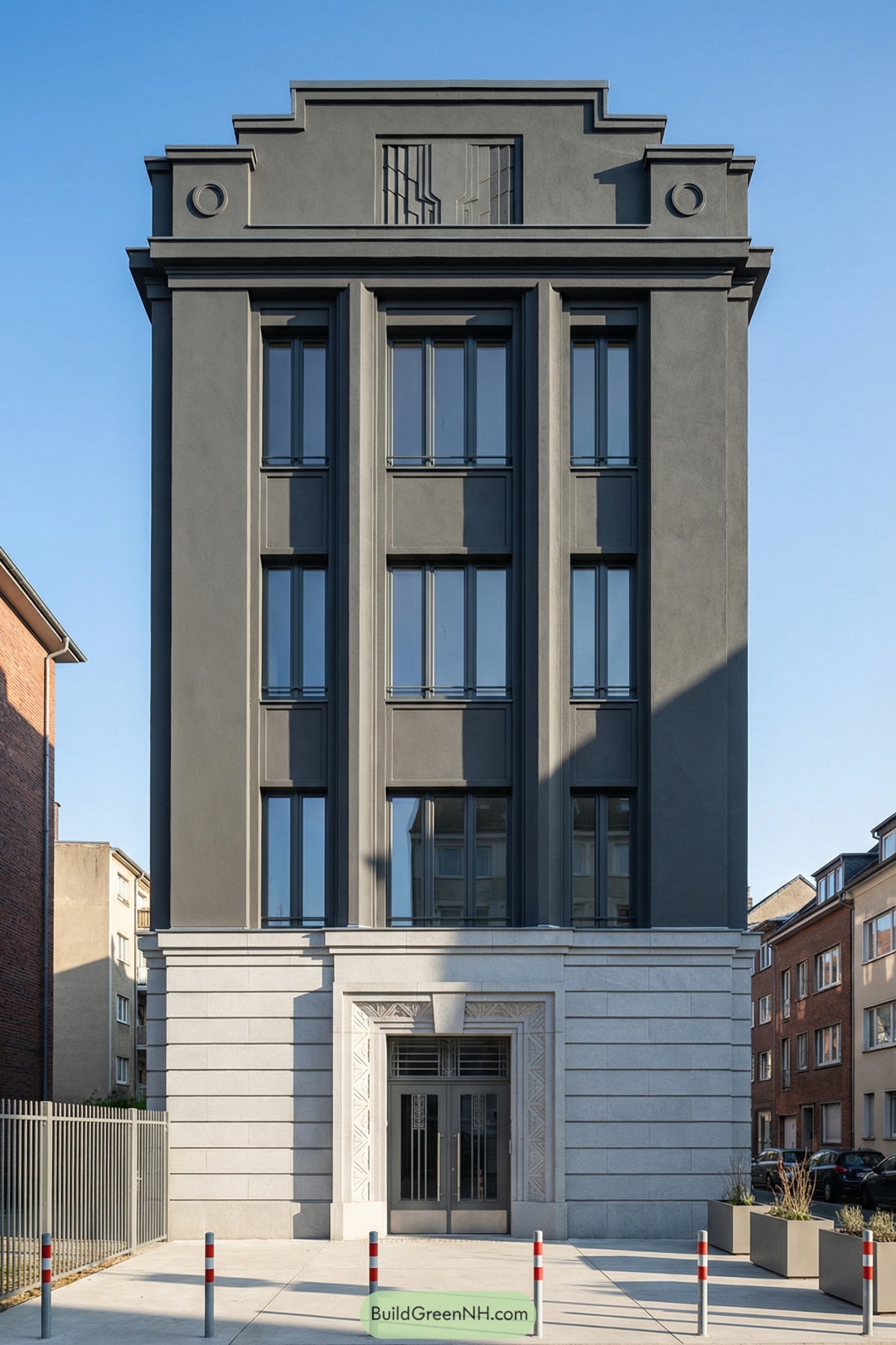 Dark gray art deco midrise facade with tall windows and carved stone entry