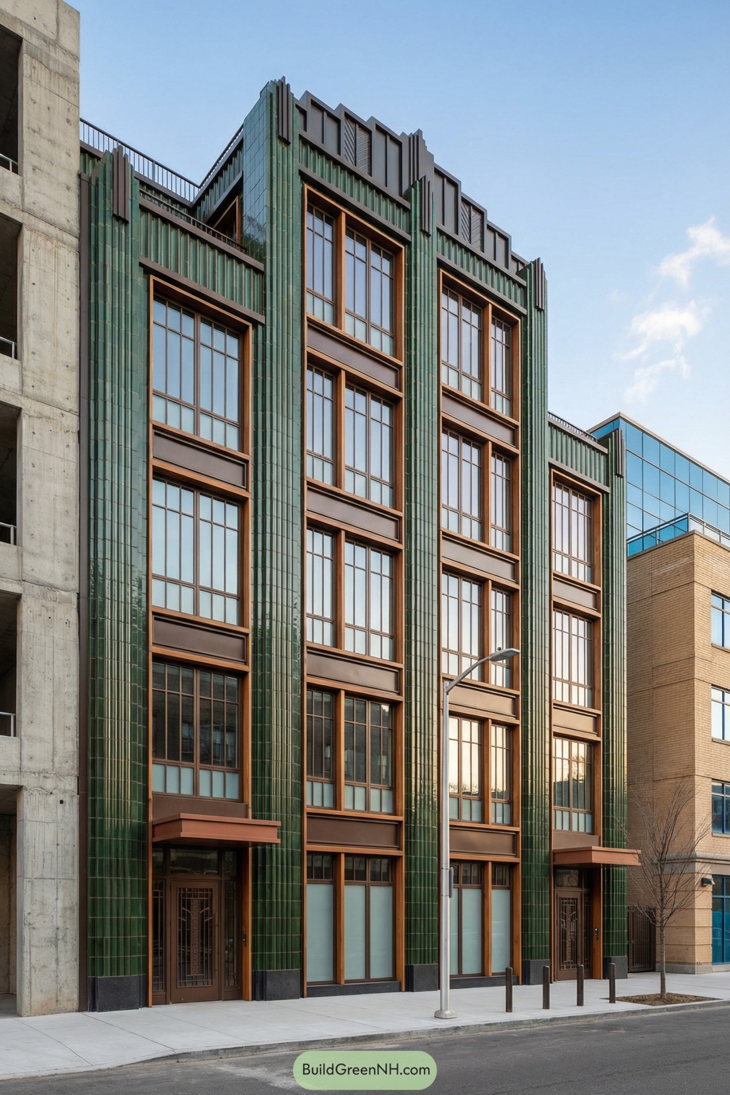 Green terracotta art deco style facade