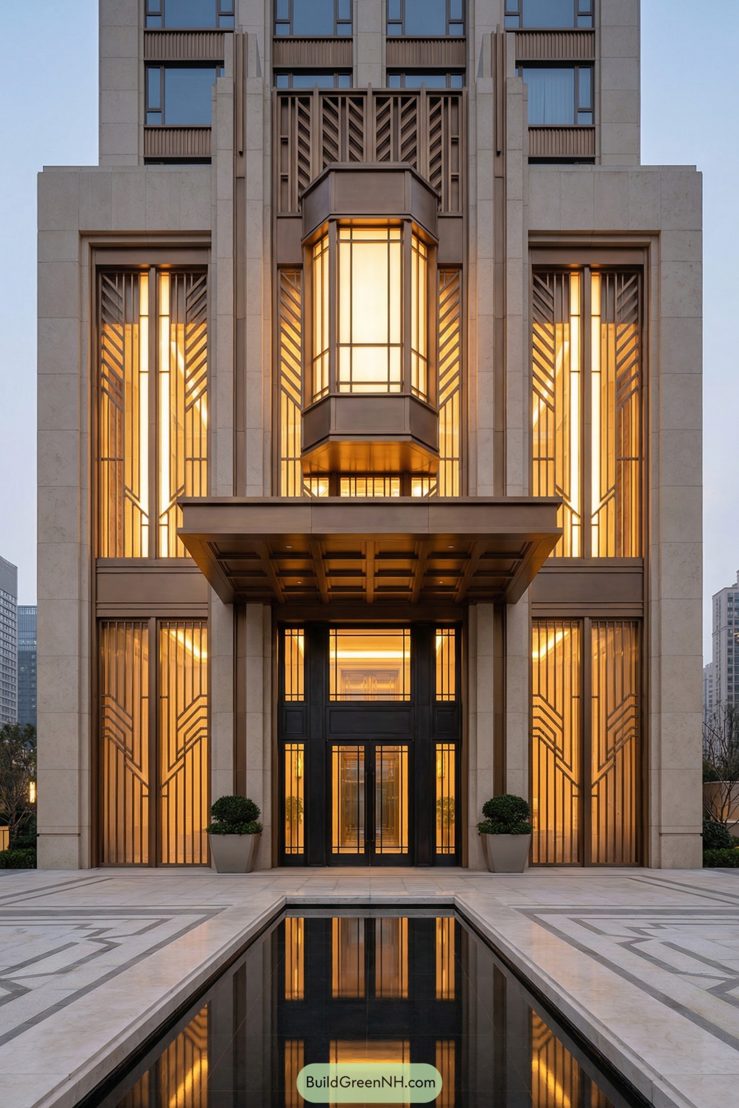 Art deco tower entrance with glowing bronze-framed glass and reflecting pool
