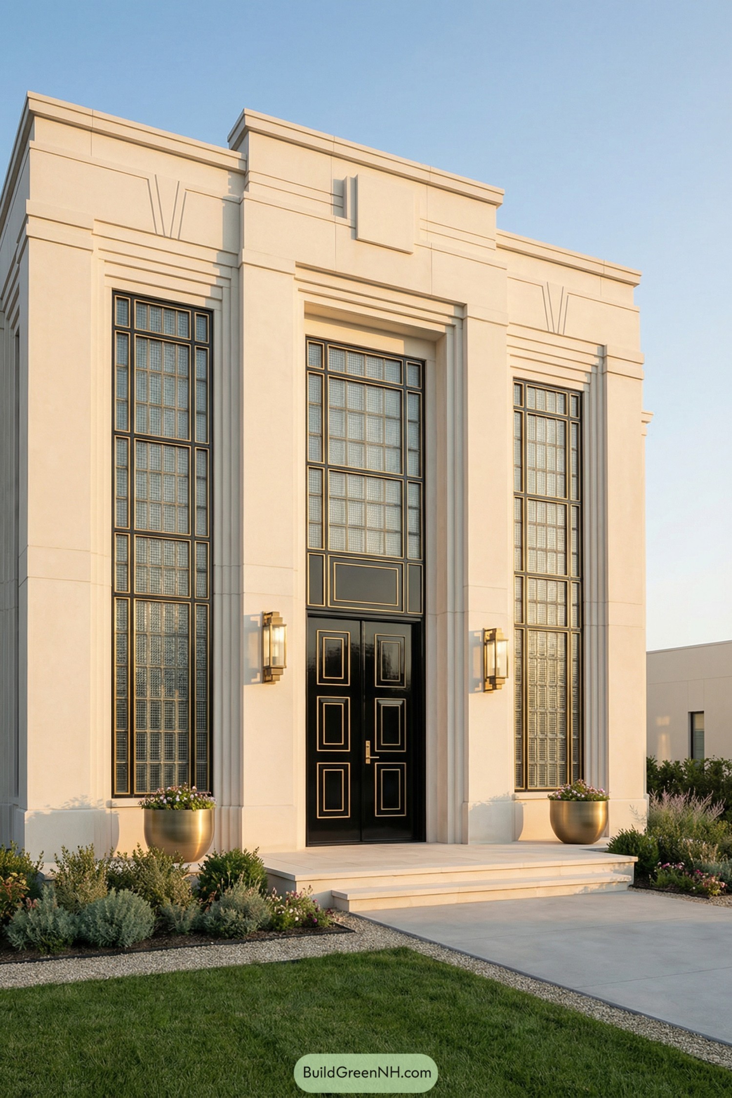 Tall cream-colored art deco entrance facade