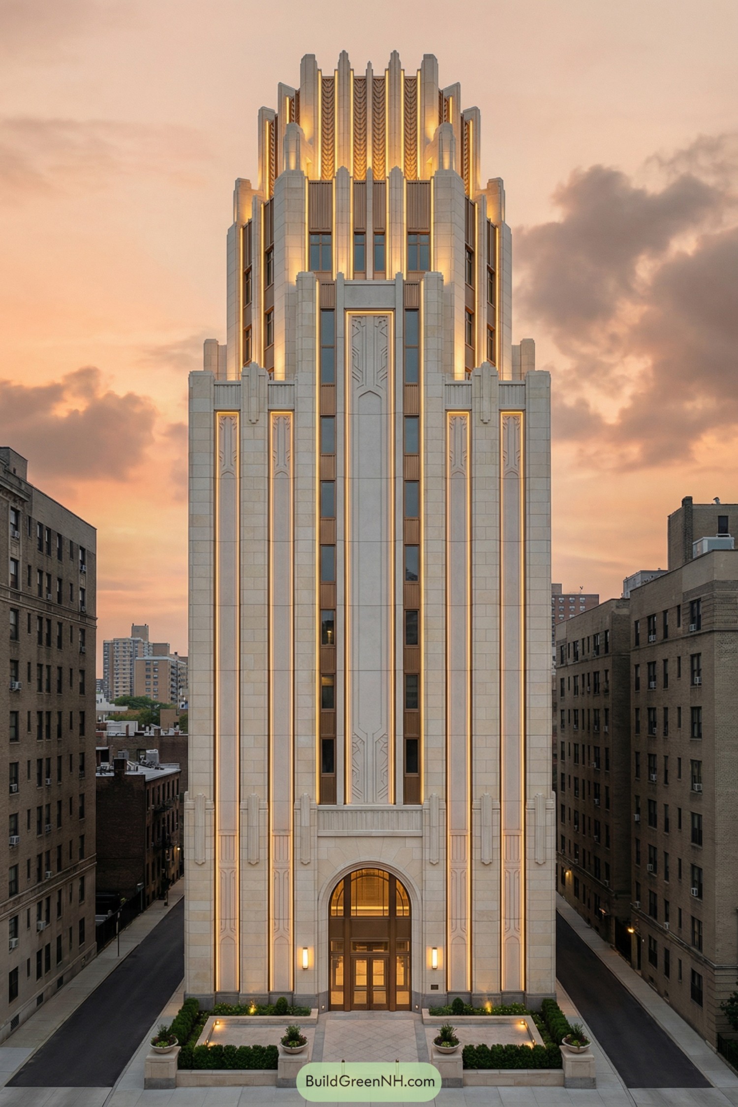 Tall illuminated art deco tower at dusk