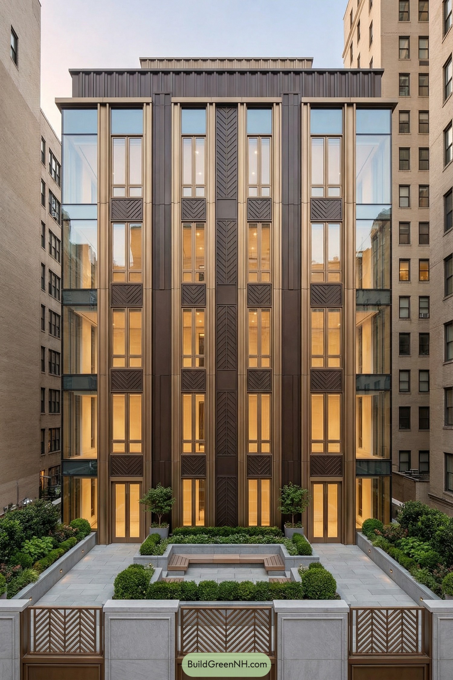 Bronze-clad Art Deco townhouse with landscaped forecourt