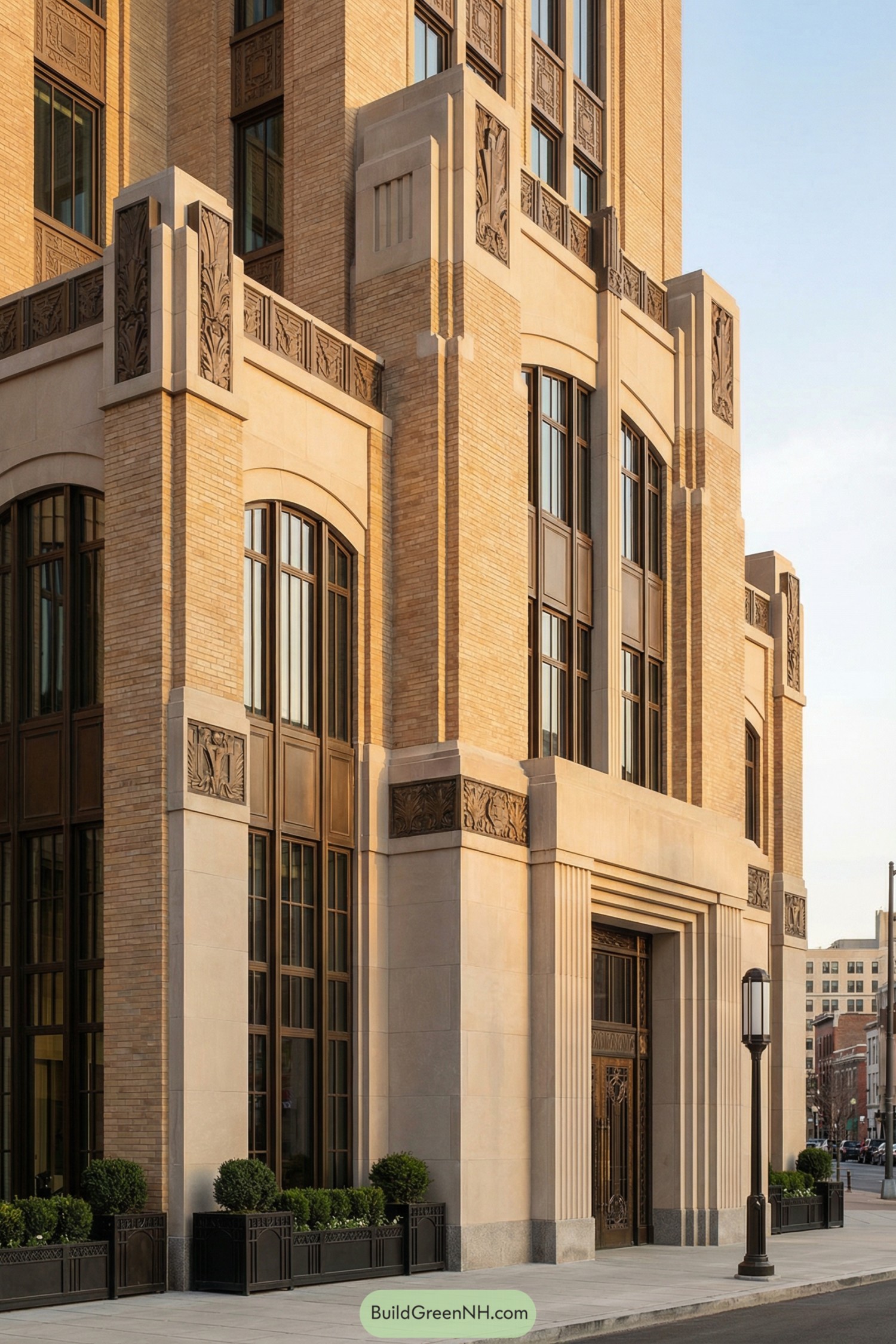 Warm stone and brick art deco facade with tall windows, carved panels, and bronze-framed storefront