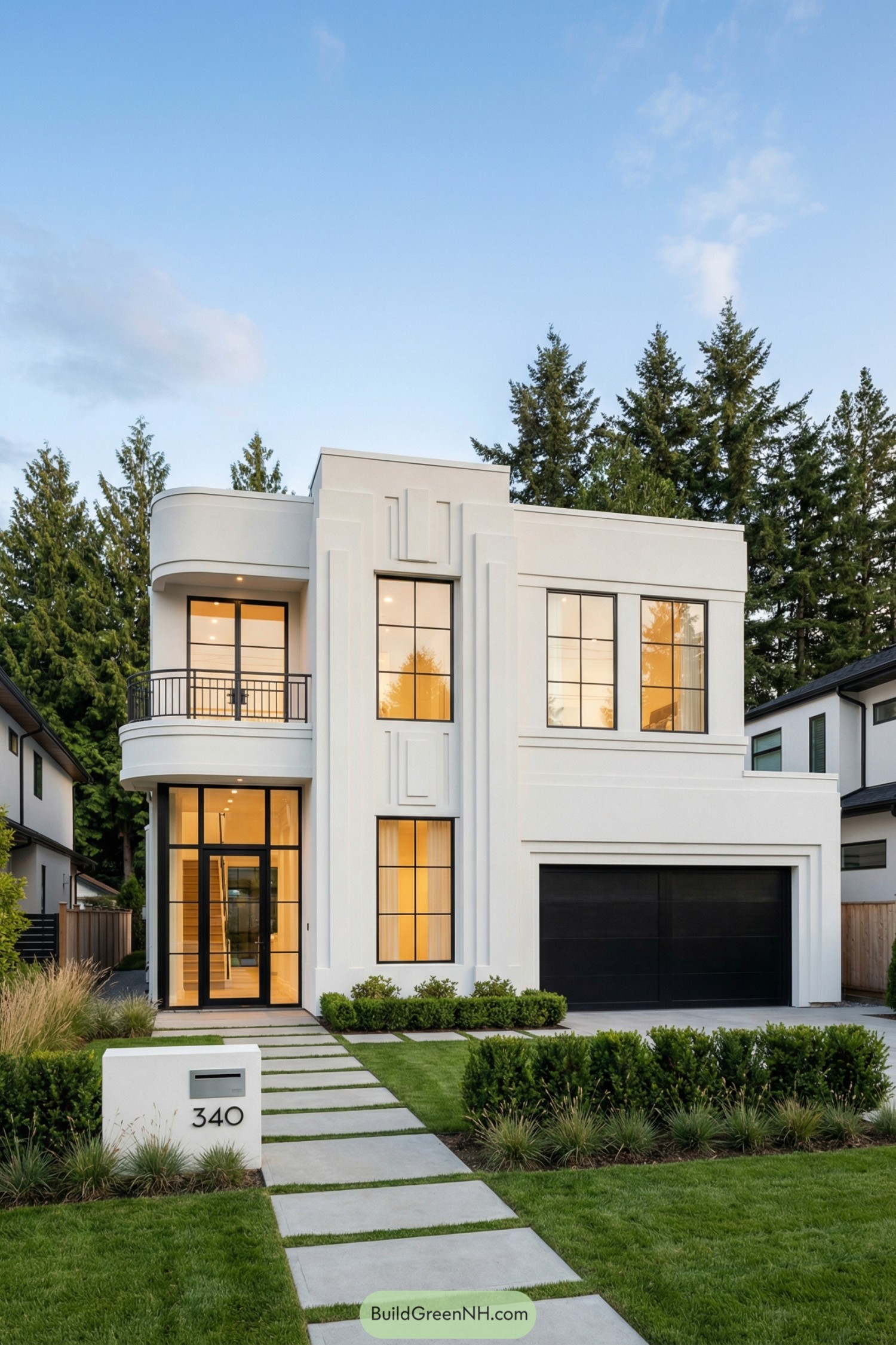 White modern house with art deco facade and large grid windows at sunset