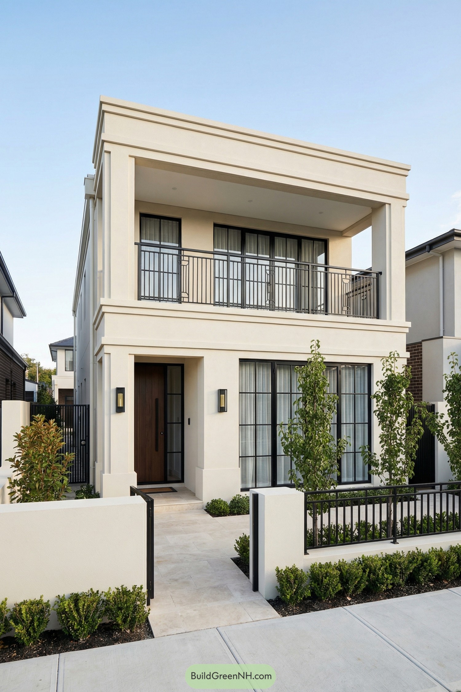 Two-story cream-toned townhouse with strong lines, balcony, and black-framed windows behind a low landscaped wall