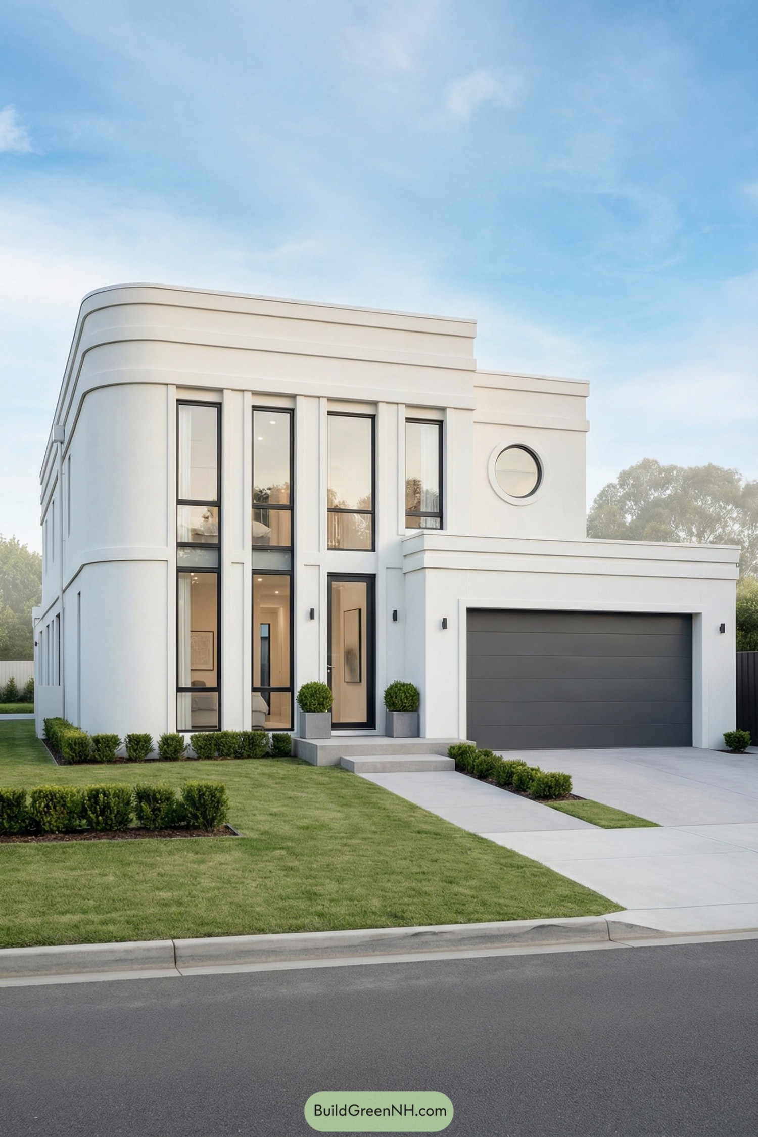 White modern art deco style house with rounded corner walls and tall black-framed windows