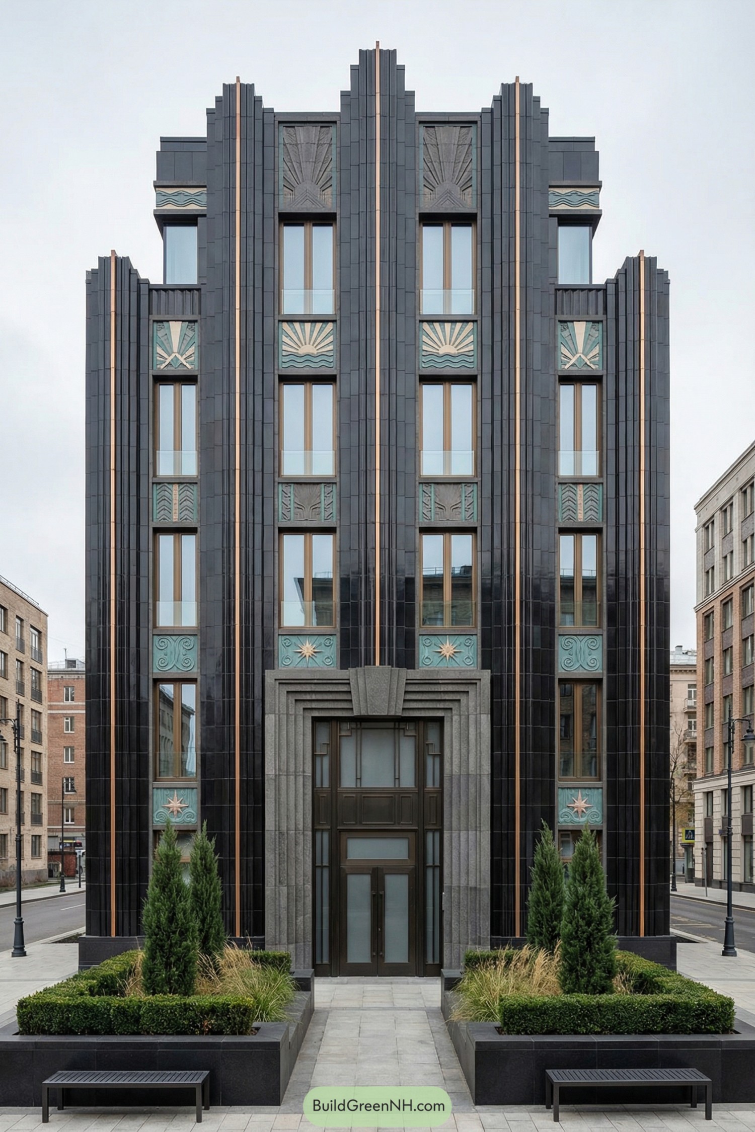 Dark art deco building facade with vertical black cladding, teal and bronze motifs, and a grand stepped entrance framed by landscaped planters