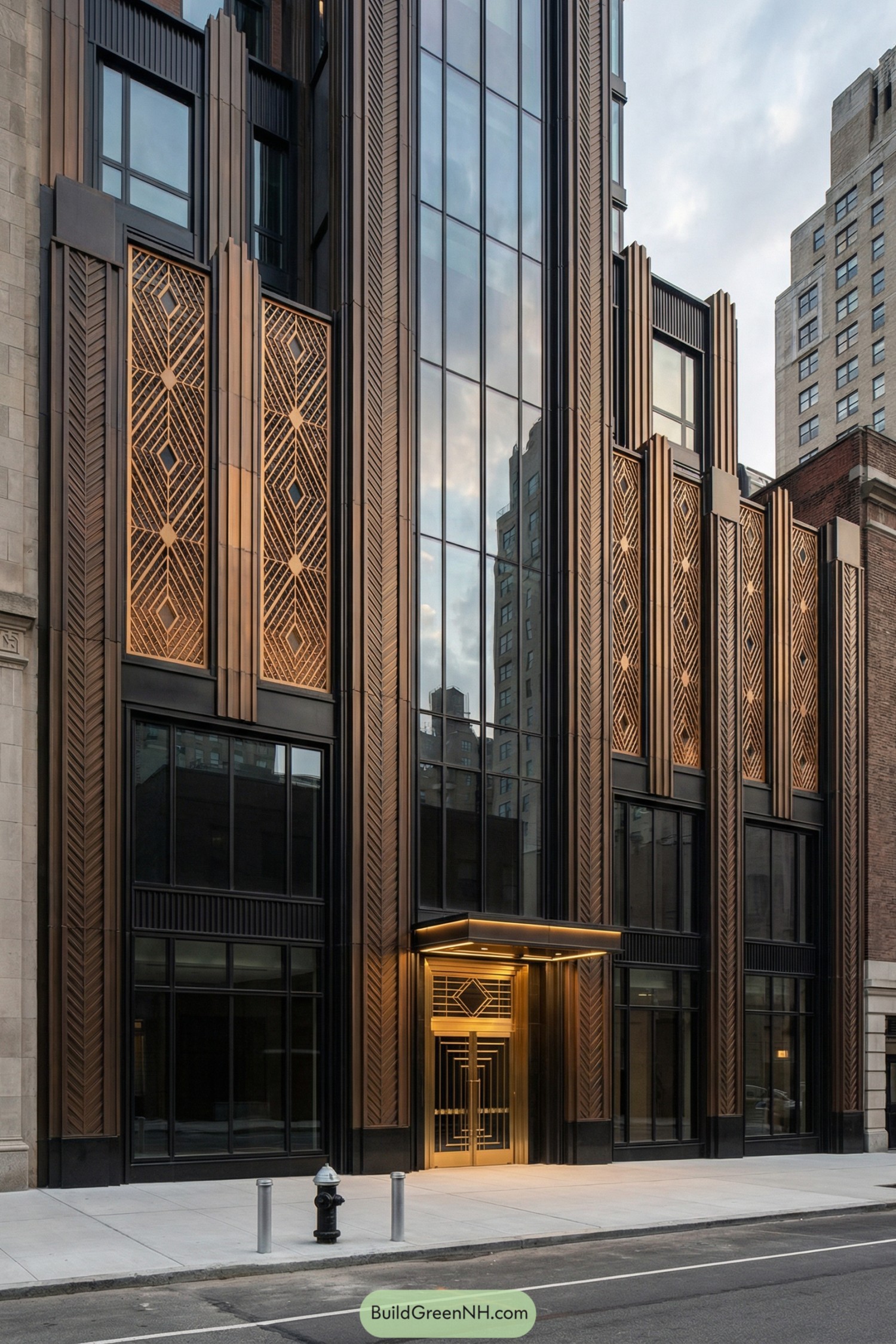 Tall bronze and glass Art Deco facade on a city street
