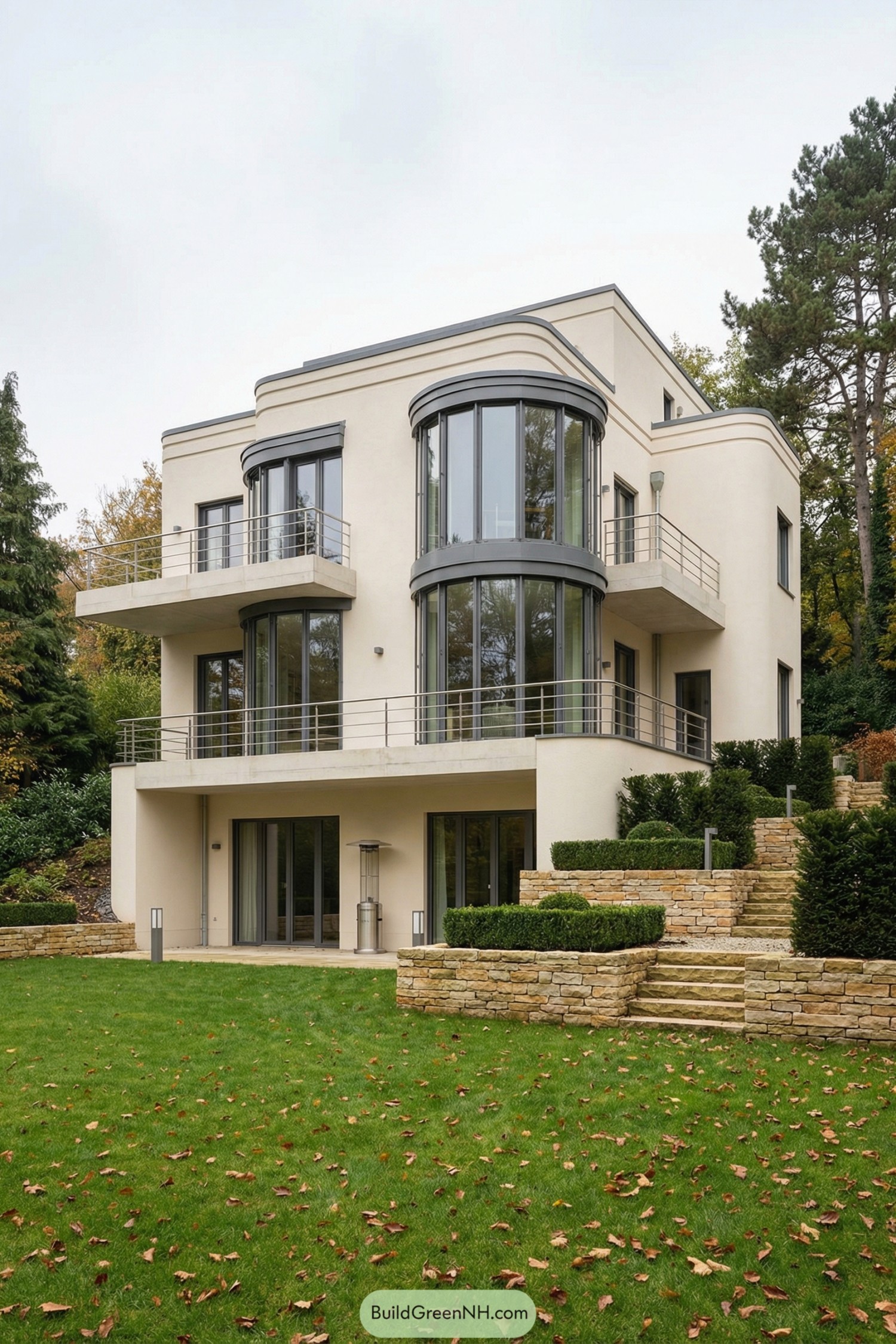 Three-story cream art deco home with curved glass bays, balconies, and terraced stone landscaping