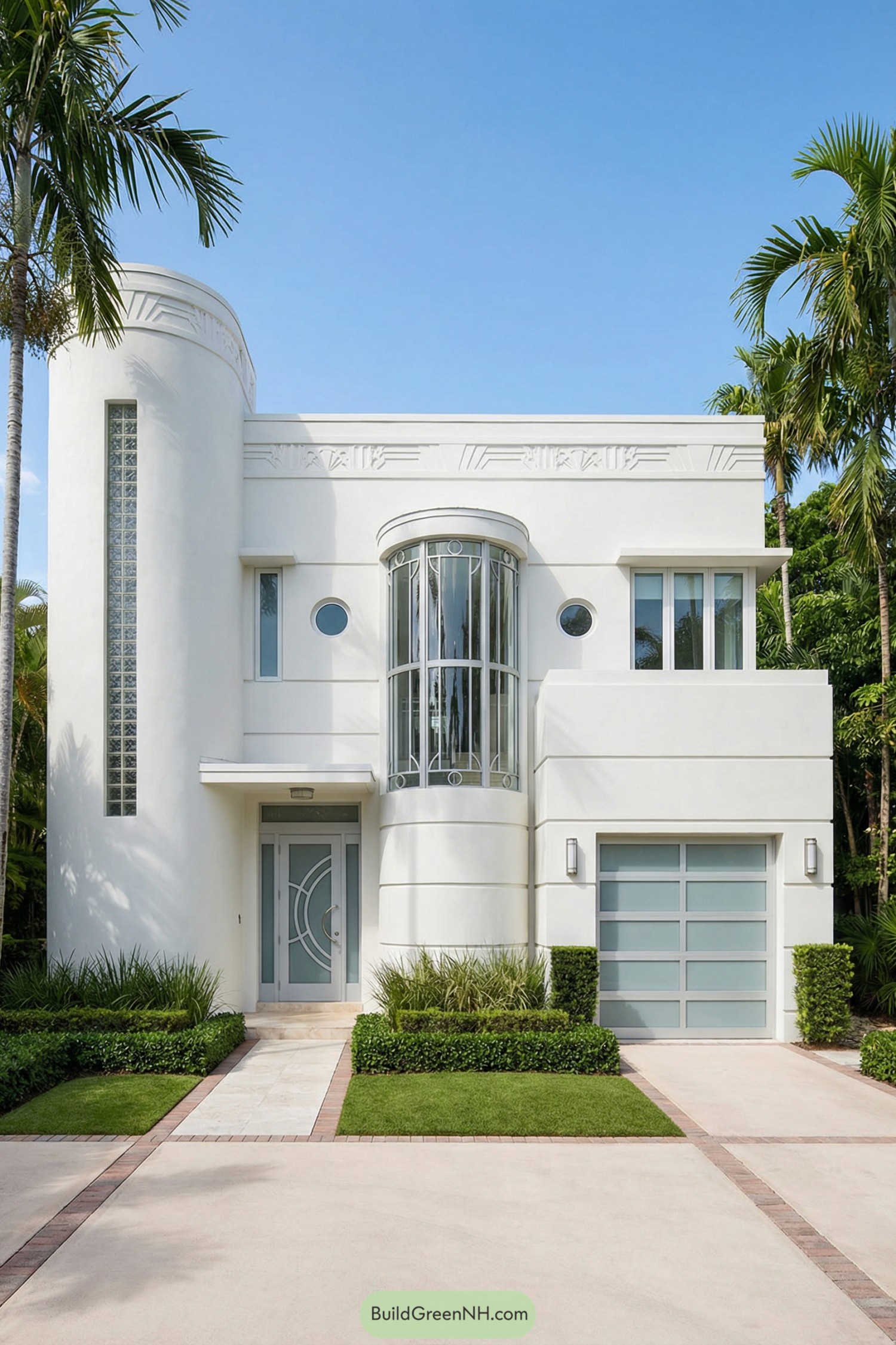 White art deco house with rounded tower and glass accents