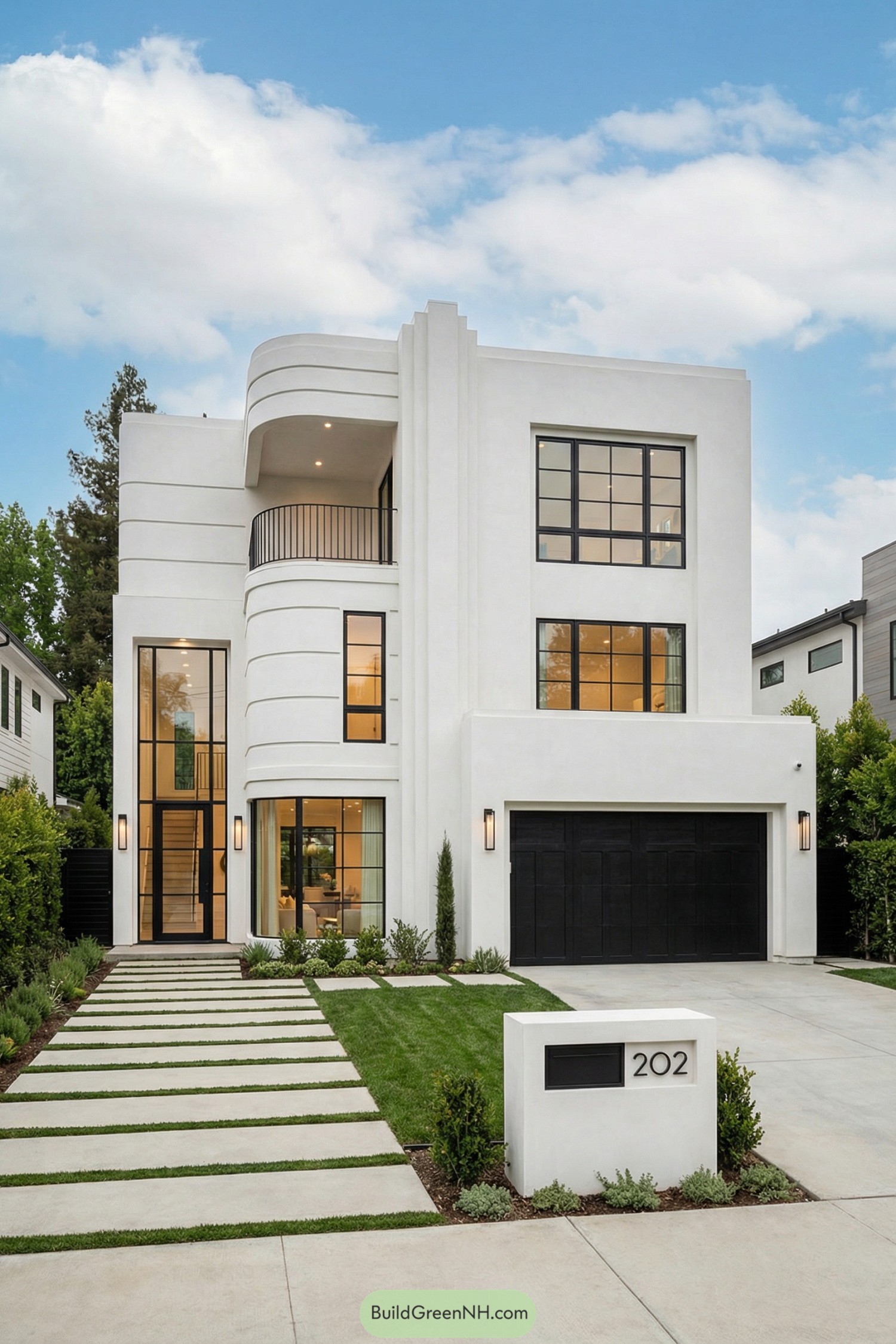 White three-story modern art deco house with curved facade and black-framed windows