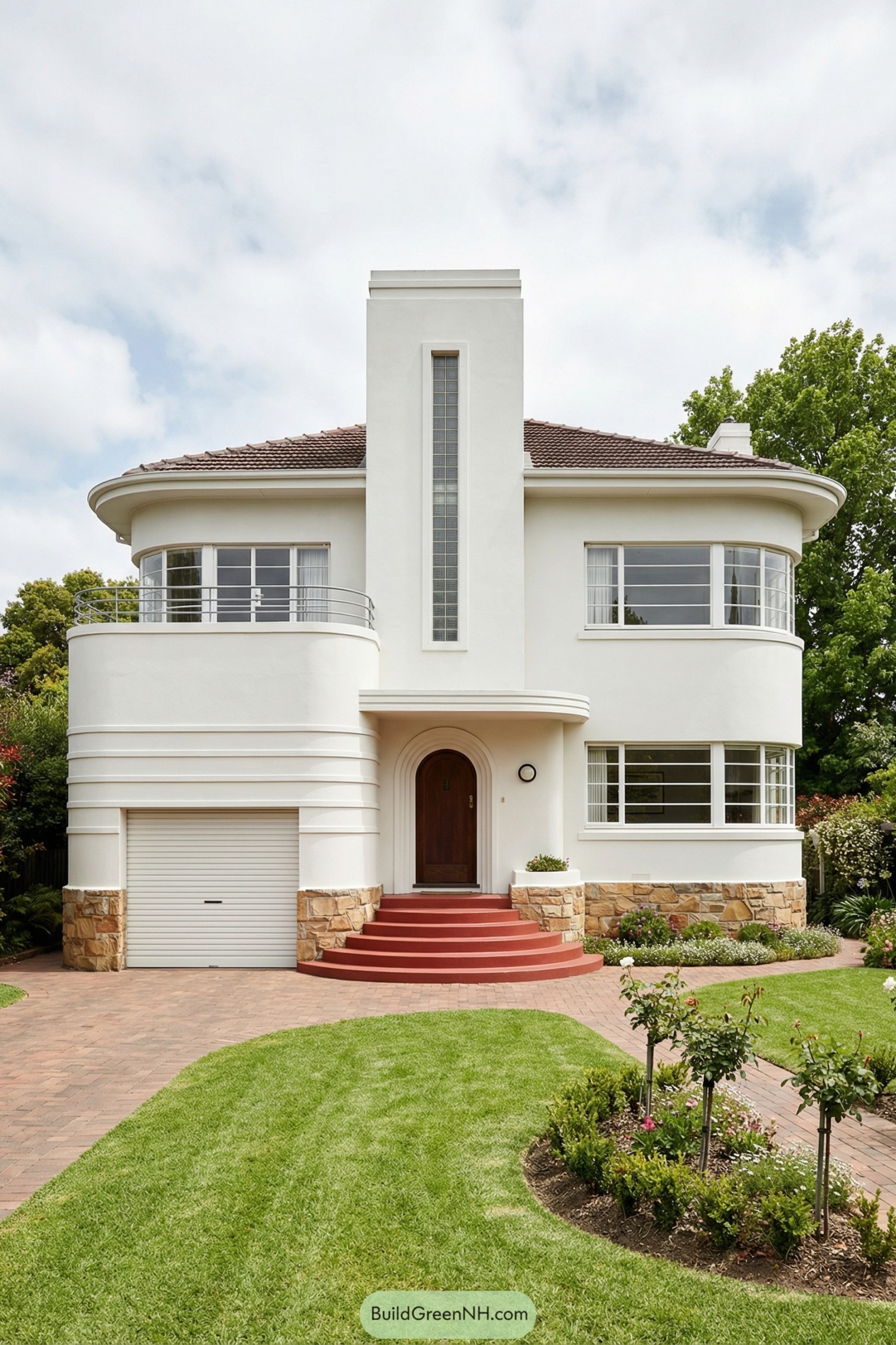 White art deco house with curved facade
